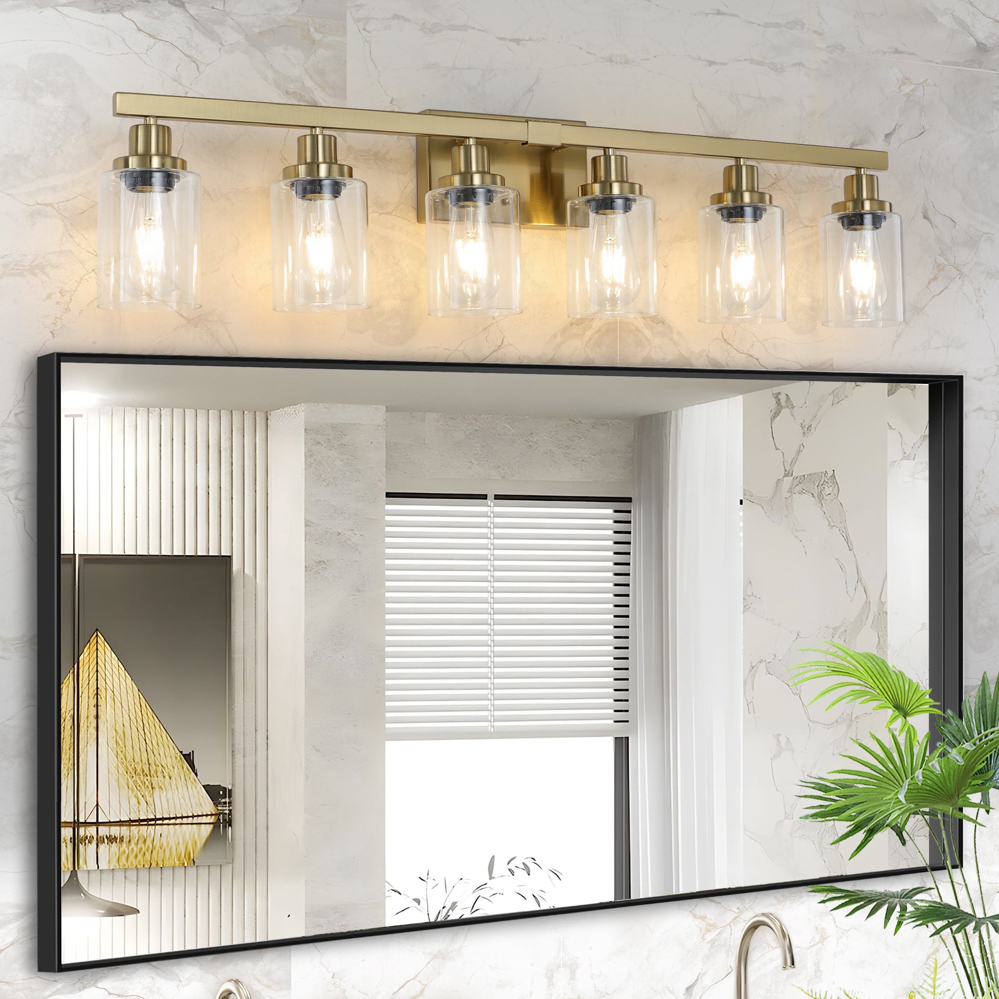 Golden 6-Light Vanity Light with Clear Glass Shades