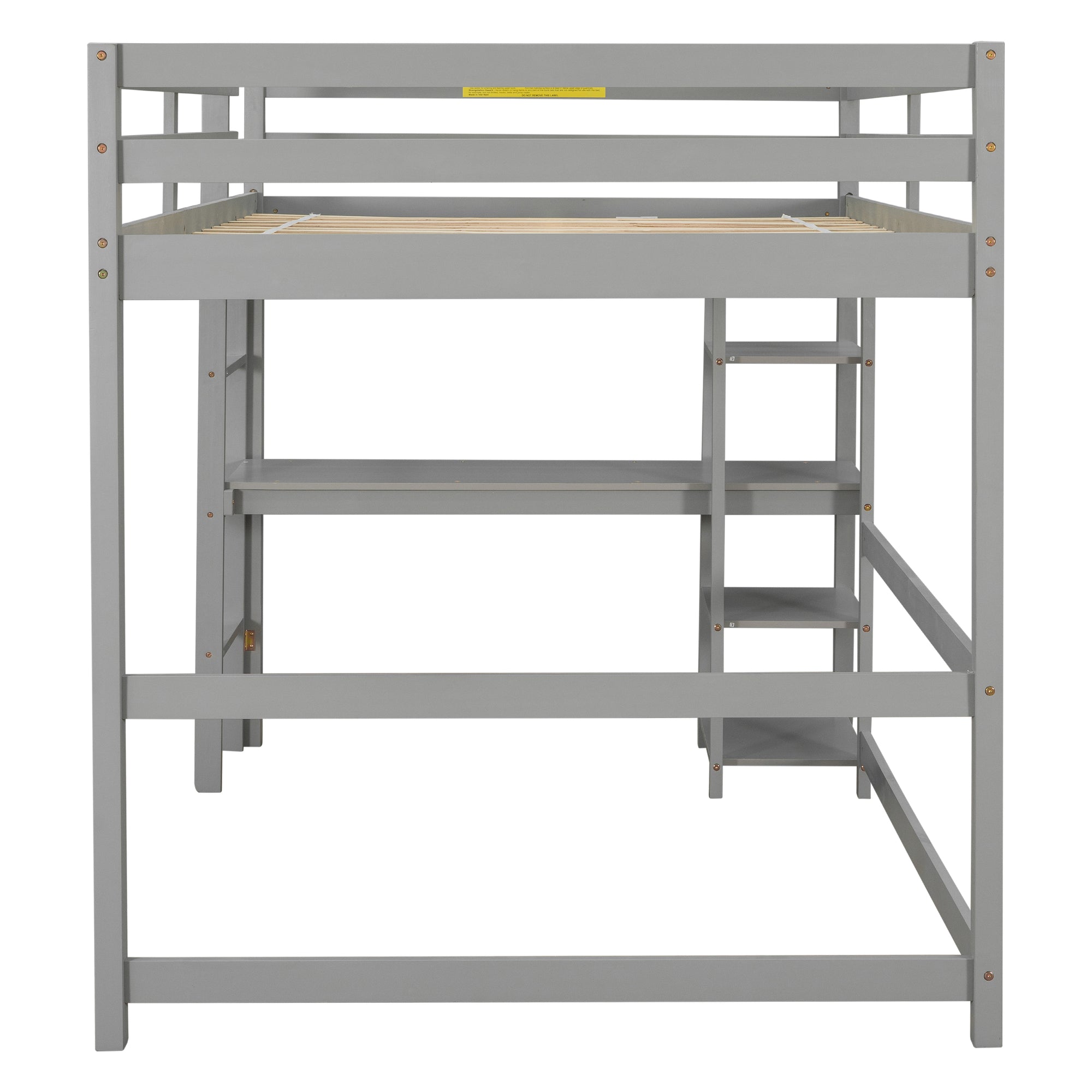 Gray Full Loft Bed with Desk, Ladder, and Shelves