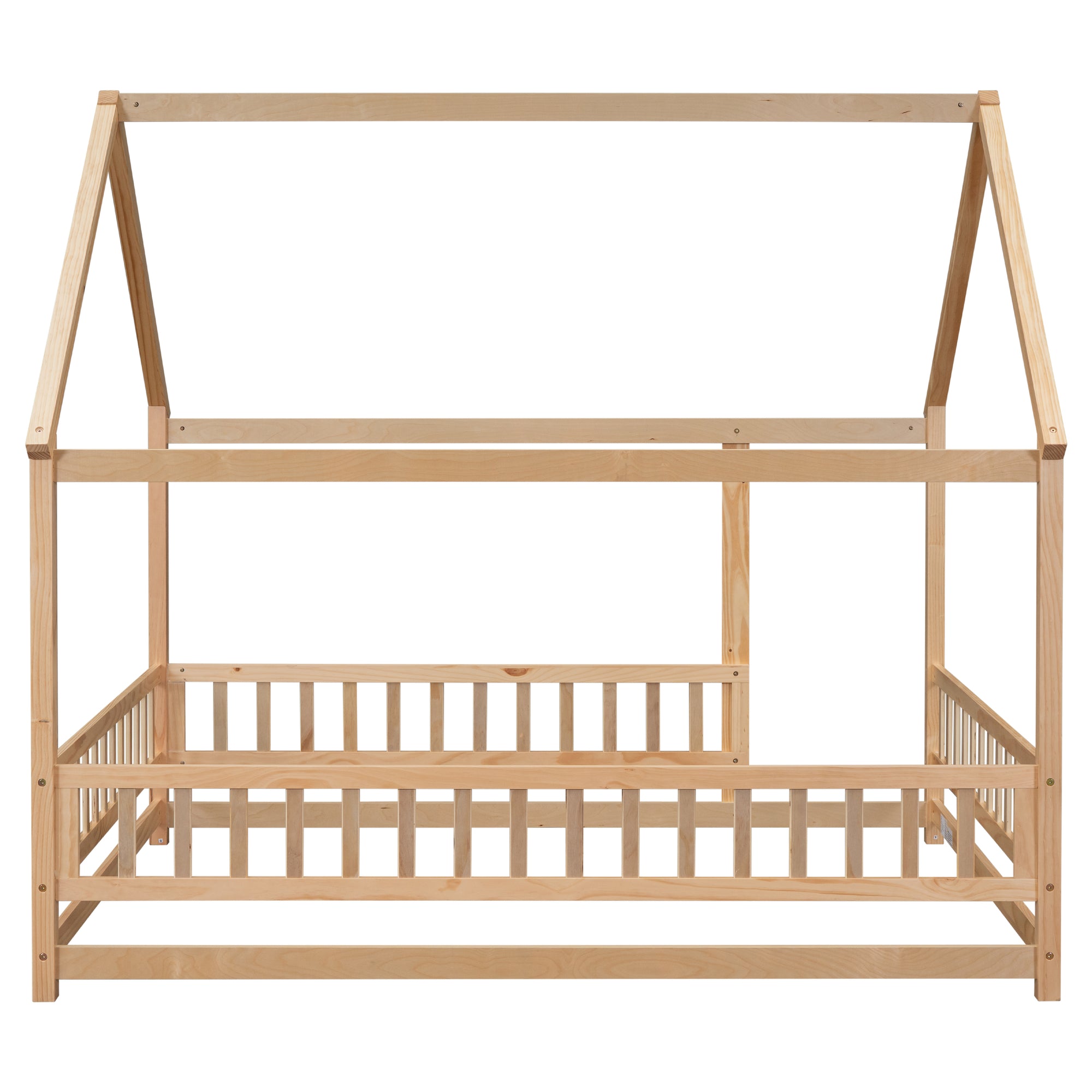 Natural Full Size Floor Wooden Toddler Floor Bed with House Roof Frame and Fence Guardrails