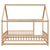 Natural Full Size Floor Wooden Toddler Floor Bed with House Roof Frame and Fence Guardrails