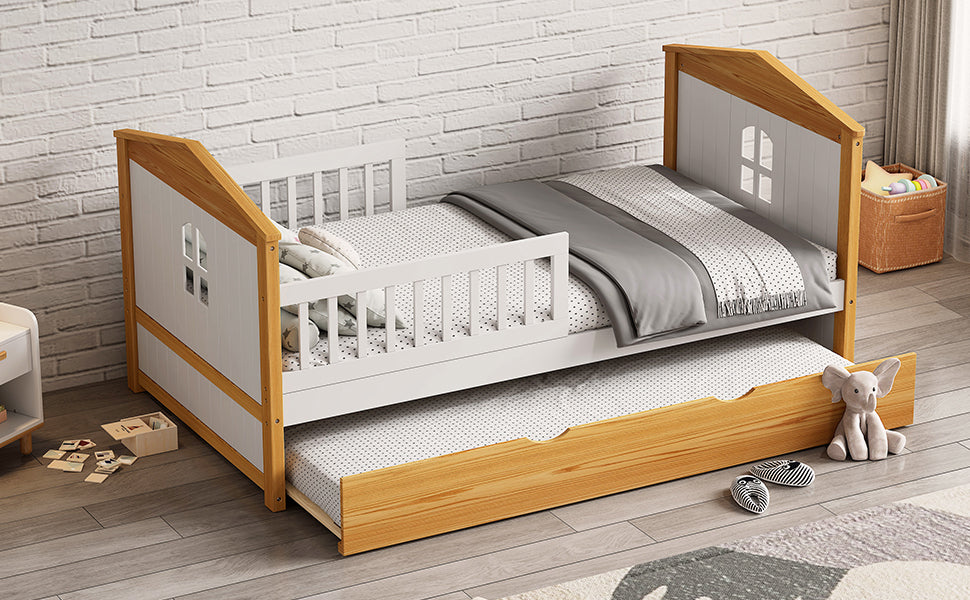 Twin House Bed with Trundle and Fence Guardrails