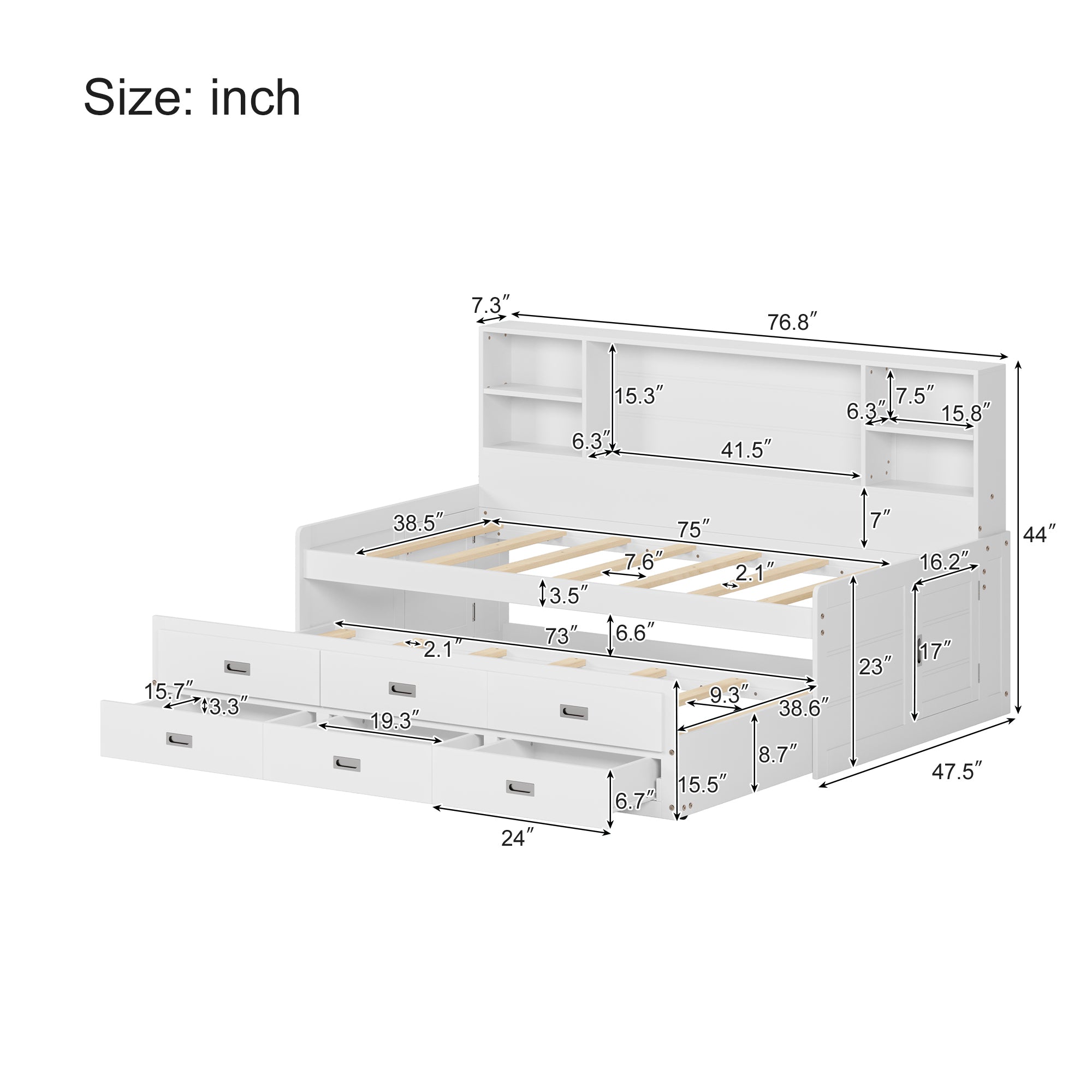 Twin Daybed with Trundle & Storage In White