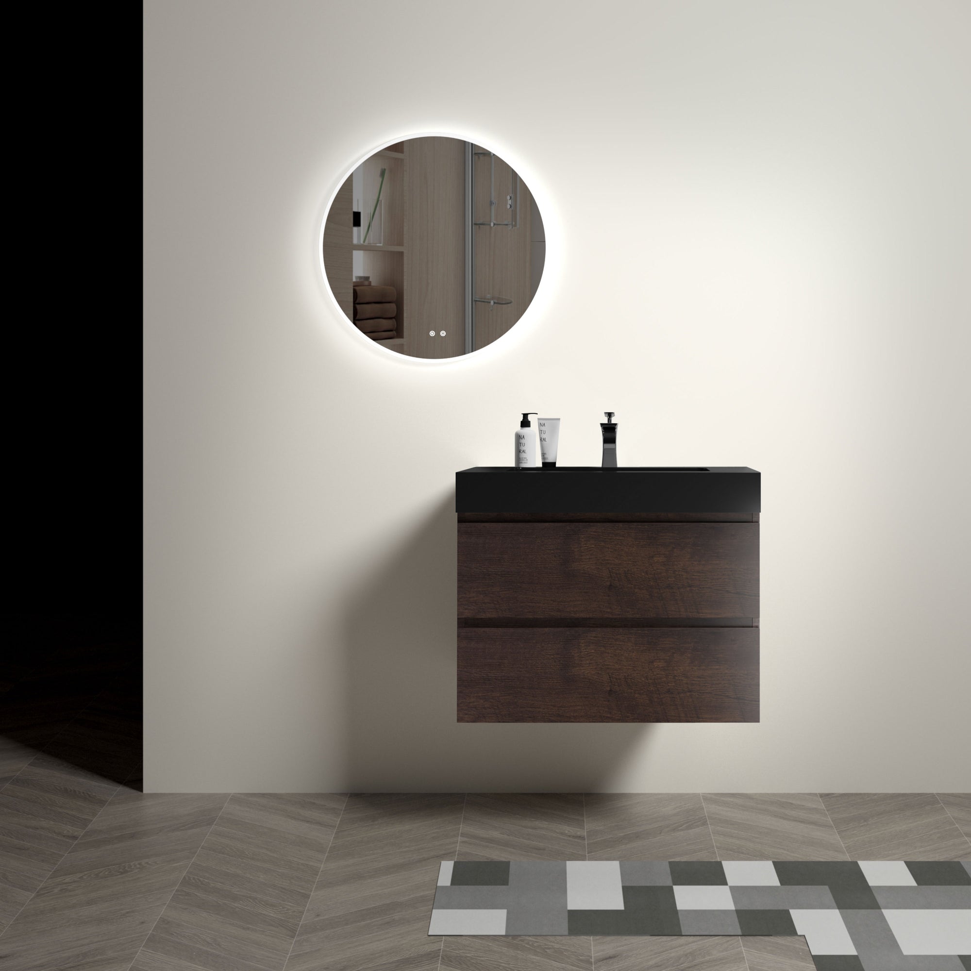 30 Walnut Bathroom Vanity with Sink Large Storage Wall Mounted Floating Design Pre-assembled In Black