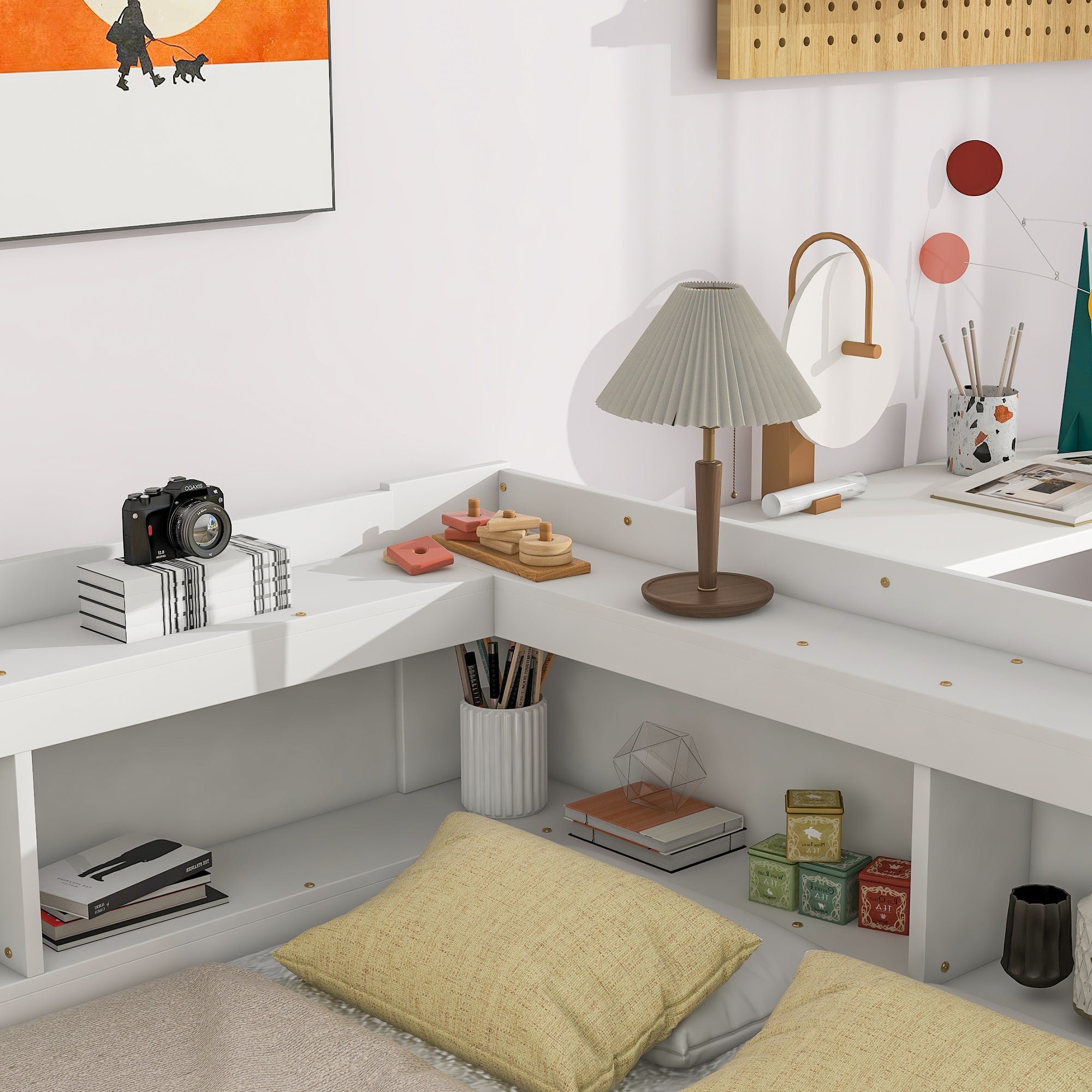 White Full Bed with L-Shaped Bookcases and Storage Drawers