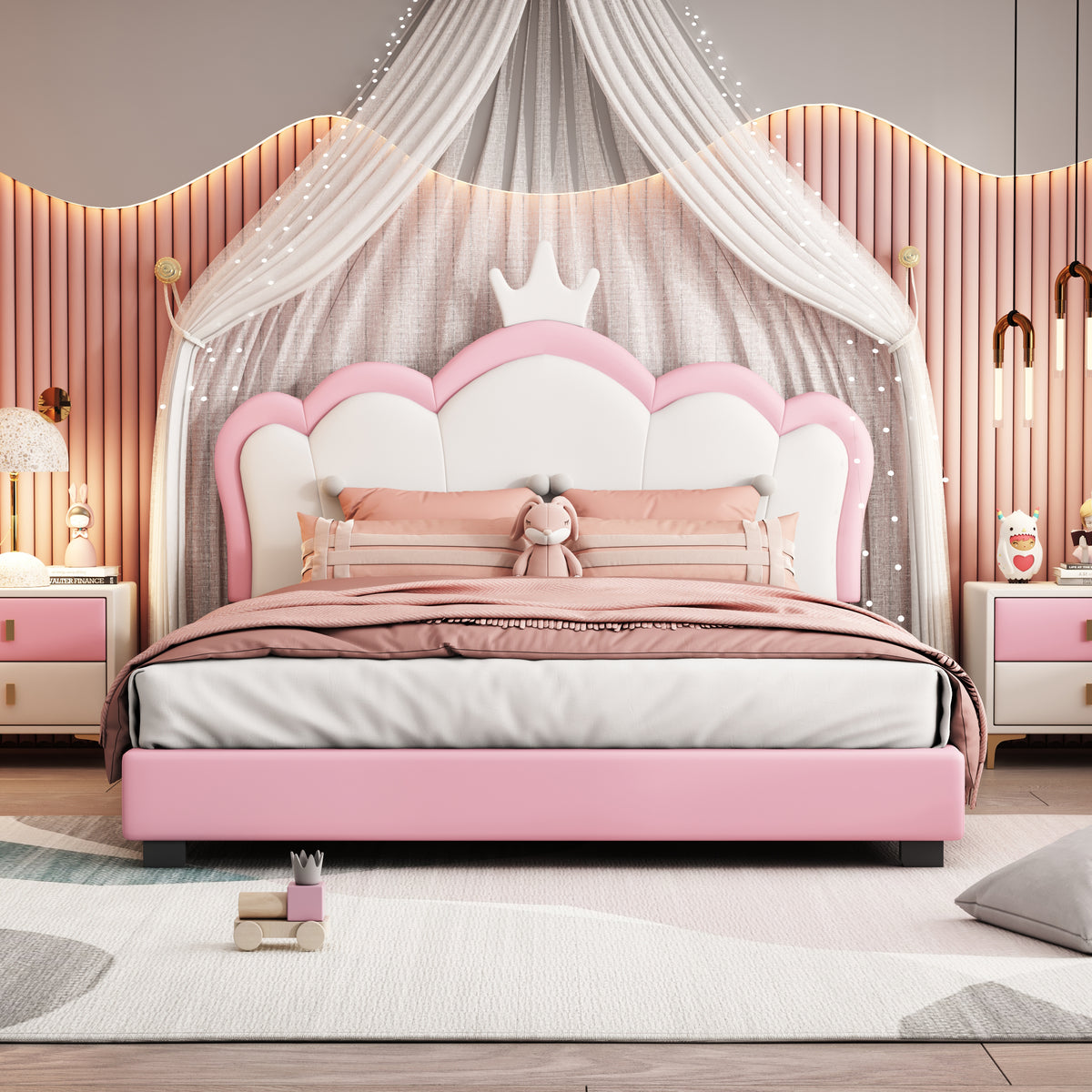 Full Size Upholstered Princess Bed With Crown Headboard Platform Style With Footboard In White and Pink