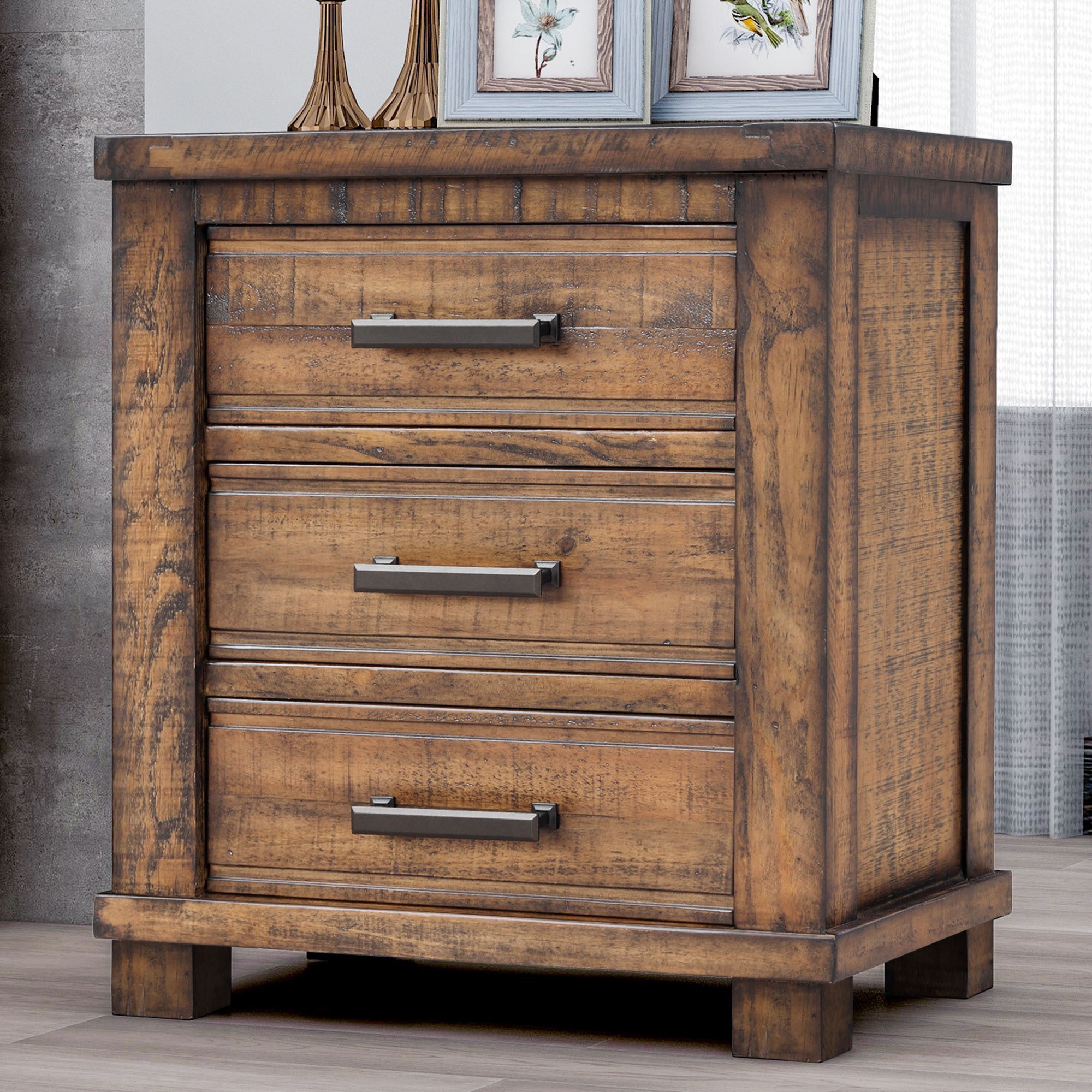 Rustic Three Drawer Reclaimed Solid Wood Farmhouse Nightstand In Natural