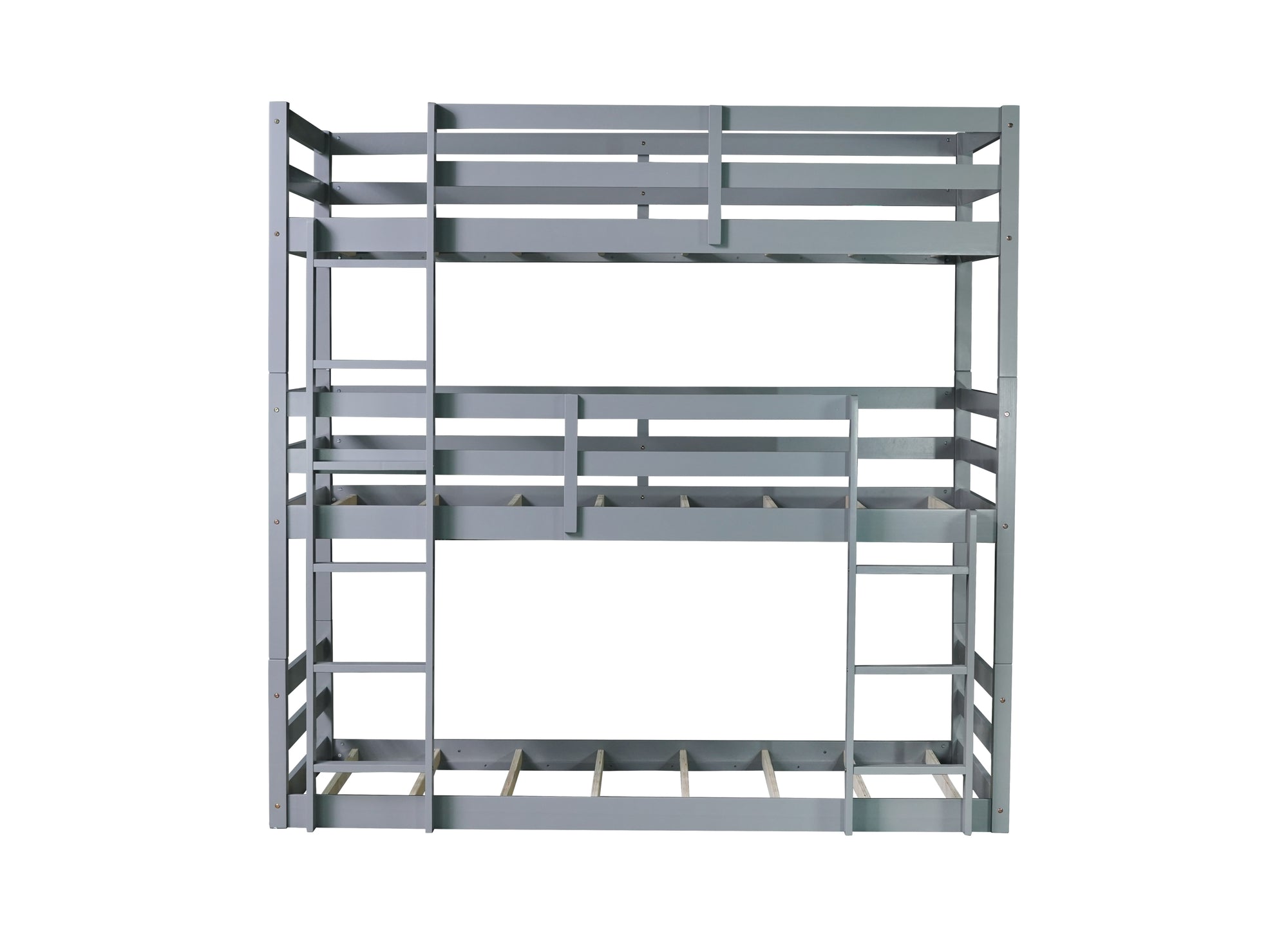 Gray Triple Rubber Wood Bunk Bed with Built-in Ladders and Guardrails