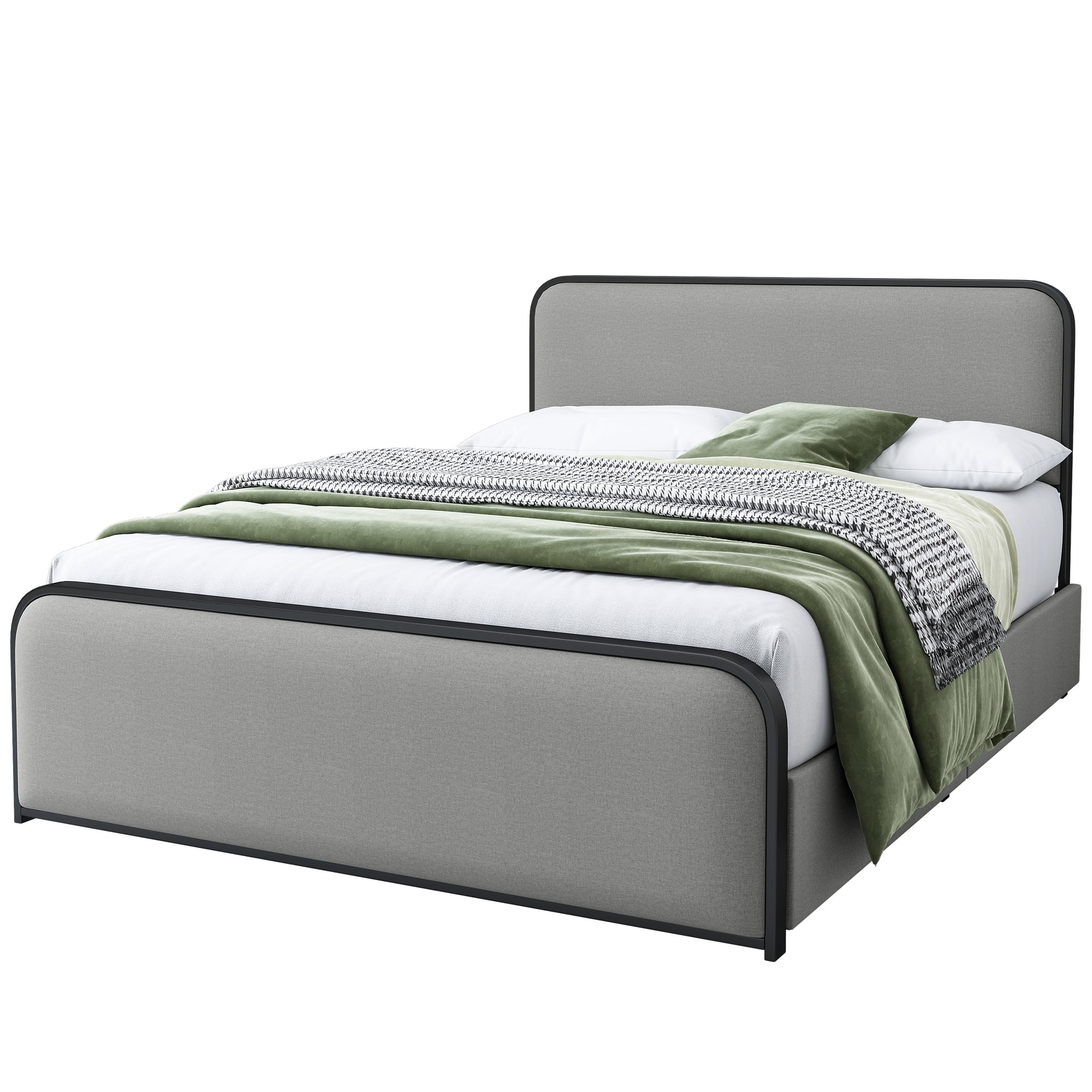 Queen Size Metal Bed Frame with Upholstered Headboard & Storage Drawers