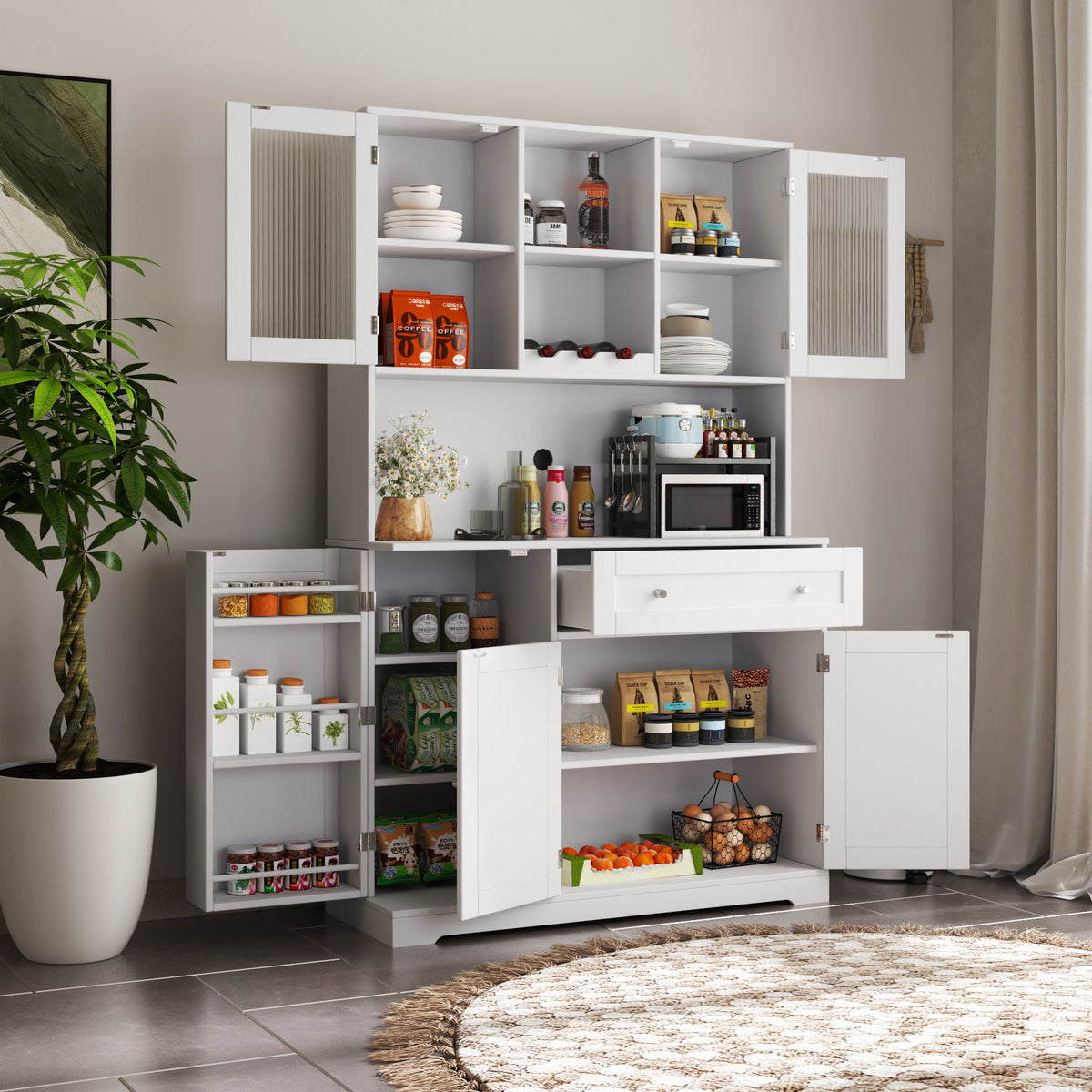 Large Kitchen Pantry Storage Cabinet with Wine Rack In White