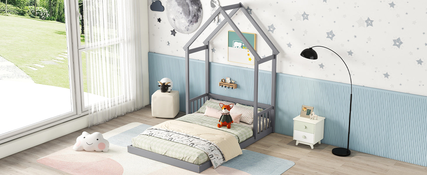 Gray Full Roof-Framed Headboard Toddler Floor Bed