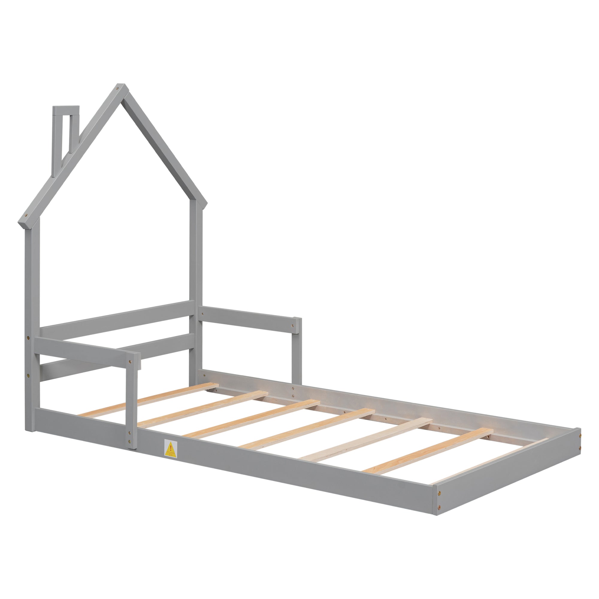 Gray Twin House-Shaped Toddler Floor Bed with Handrails and Slats