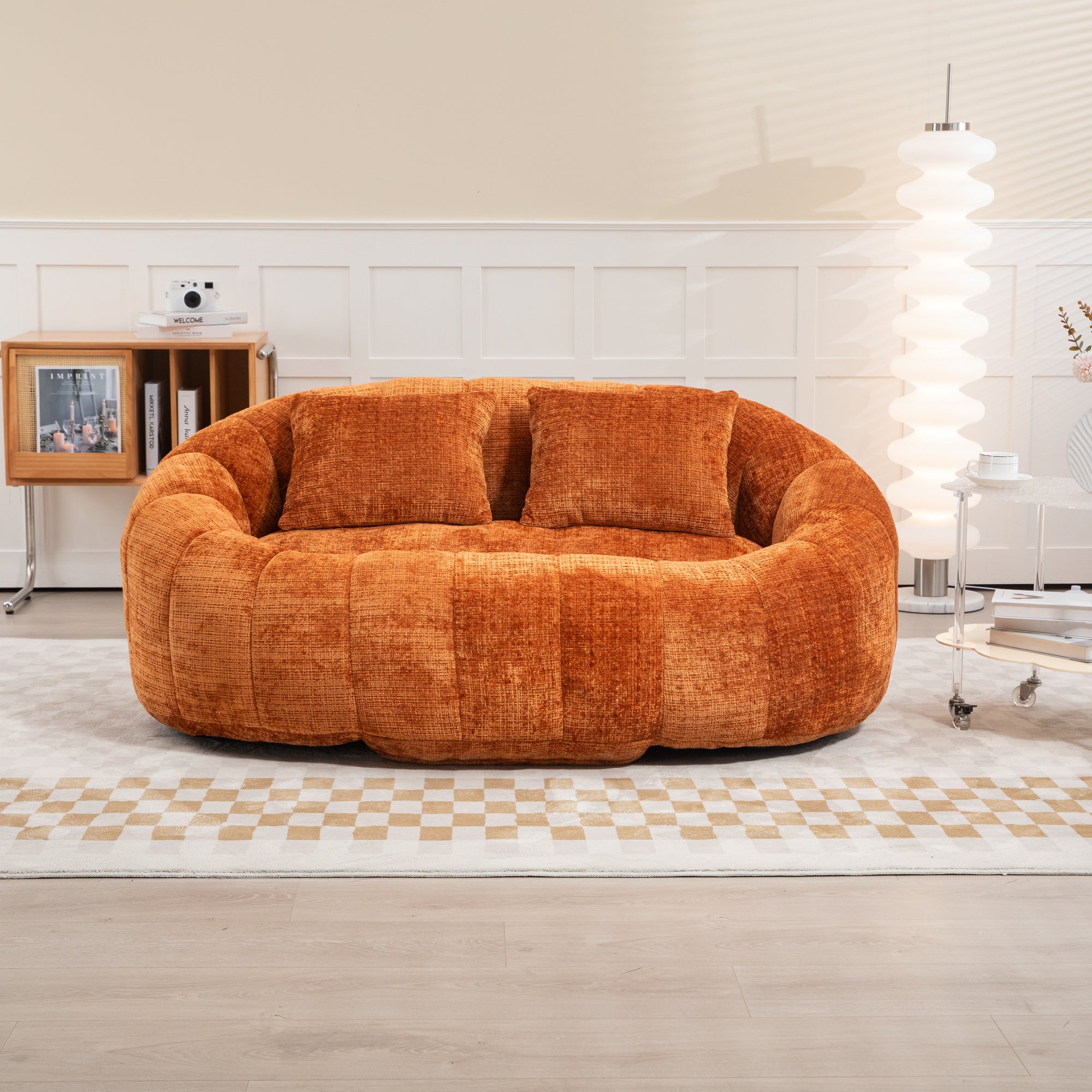 Comfortable High-Back Bean Bag Couch in Orange Chenille