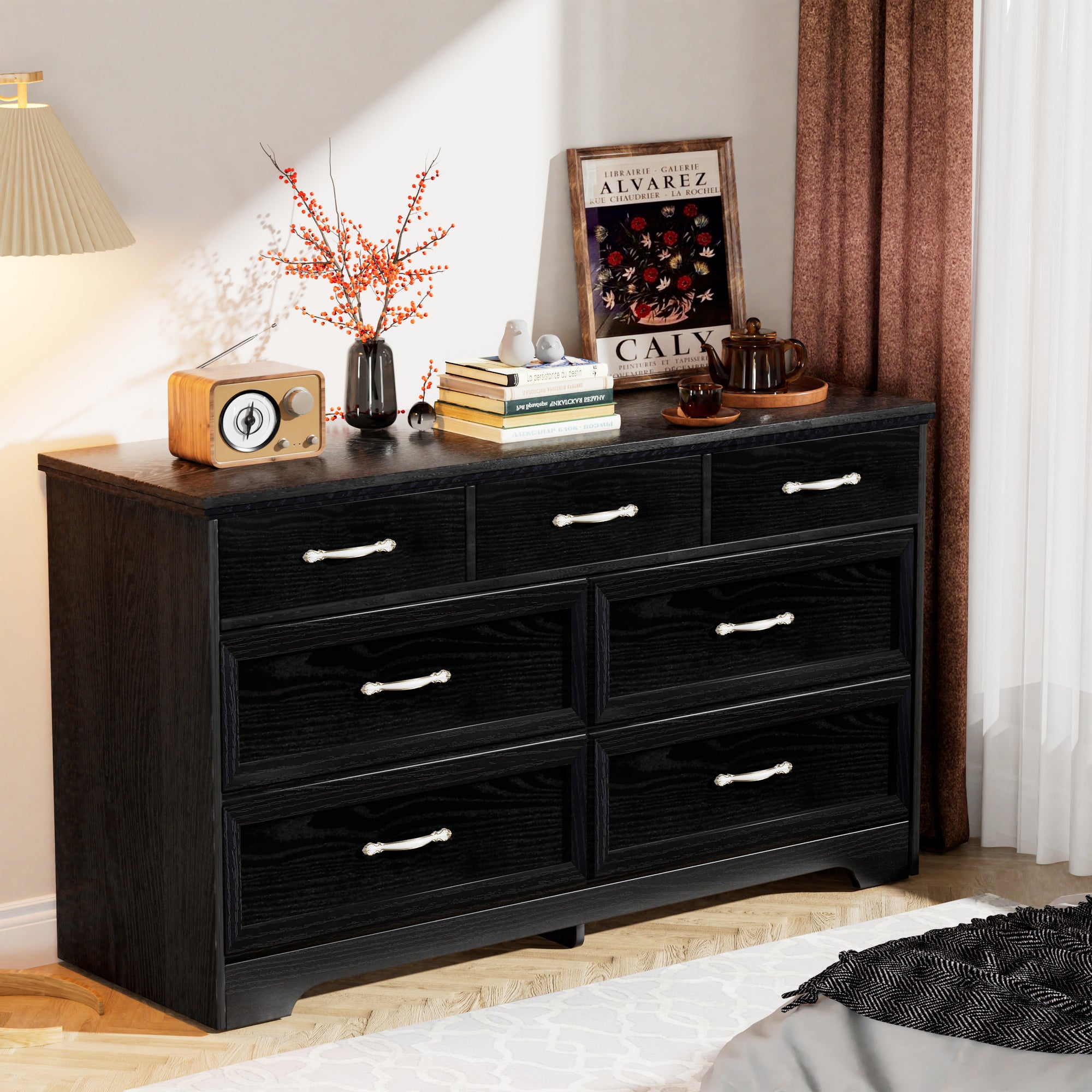 Modern 3 Drawer Bedroom Chest with 7 Drawers Dresser Clothes Organizer Metal Pulls In Black