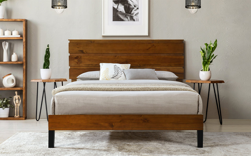 Queen Size Mid-Century Modern Solid Pinewood Bed Frame