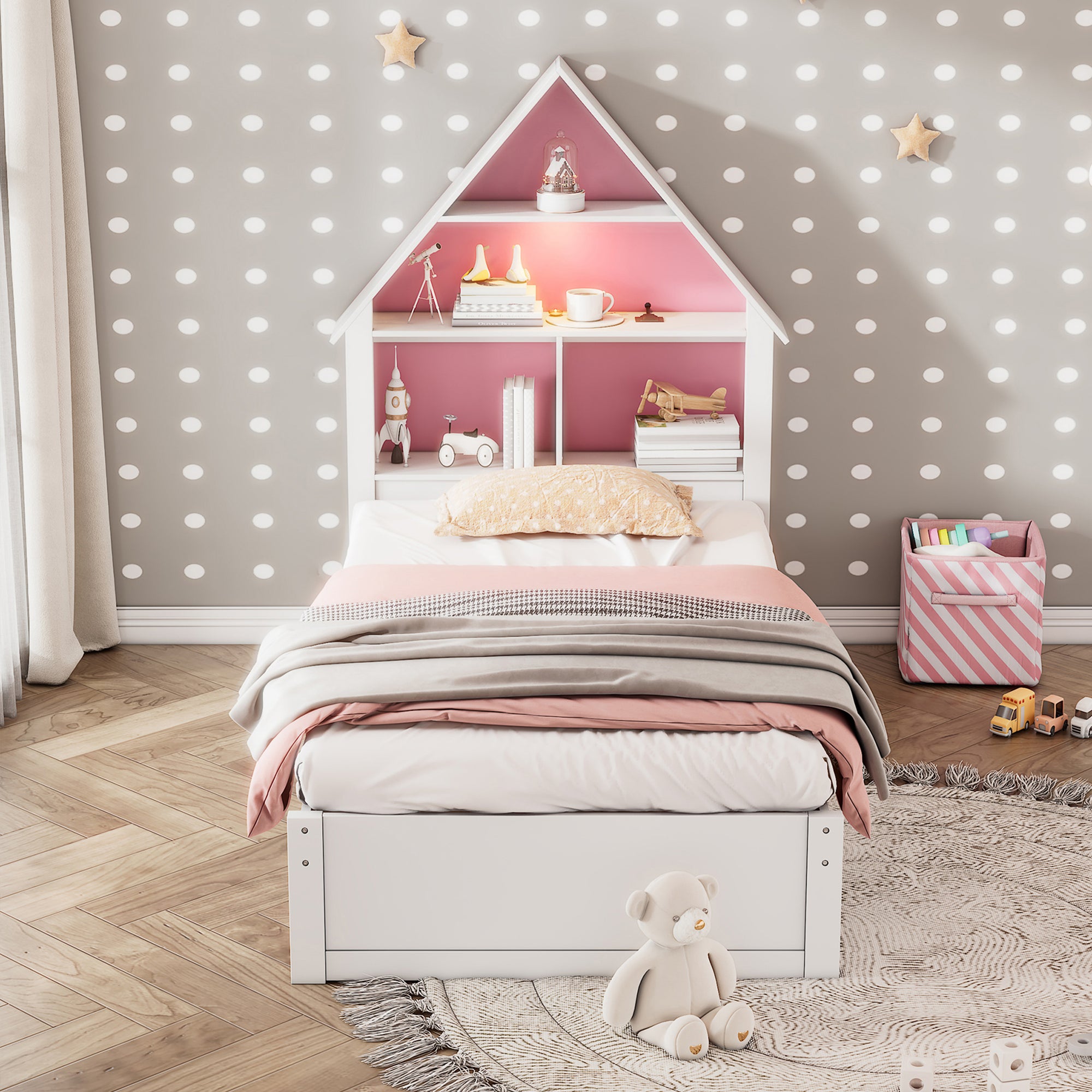 Twin Size Bed with Bookcase Headboard, Motion-Activated Nightlight & Trundle