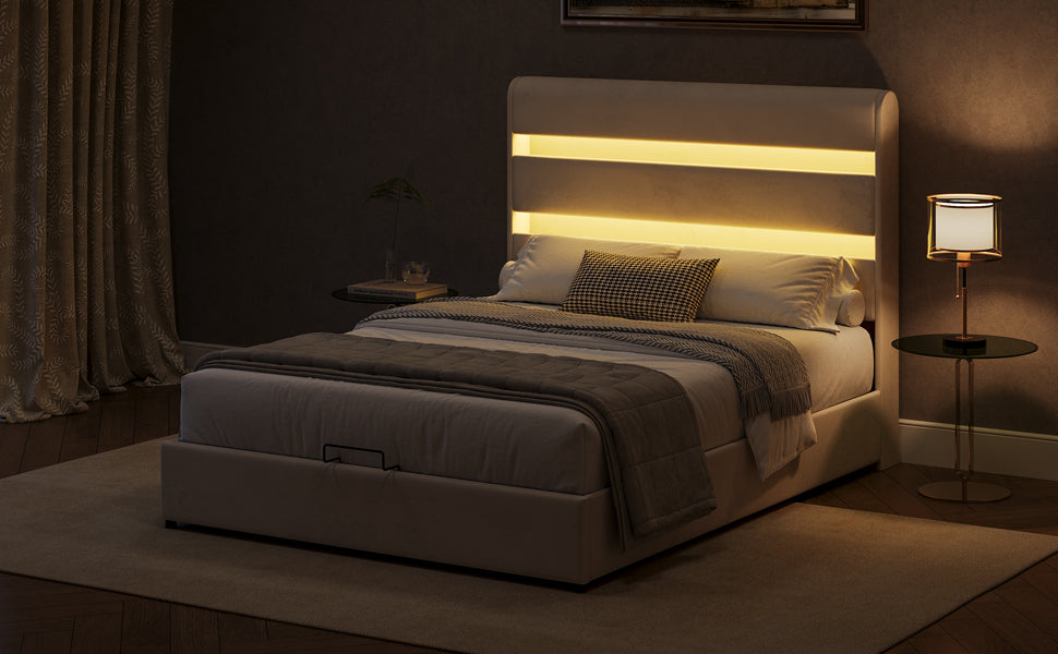 King Size Hydraulic Beige Velvet Upholstered Bed With Storage and LED Lighting