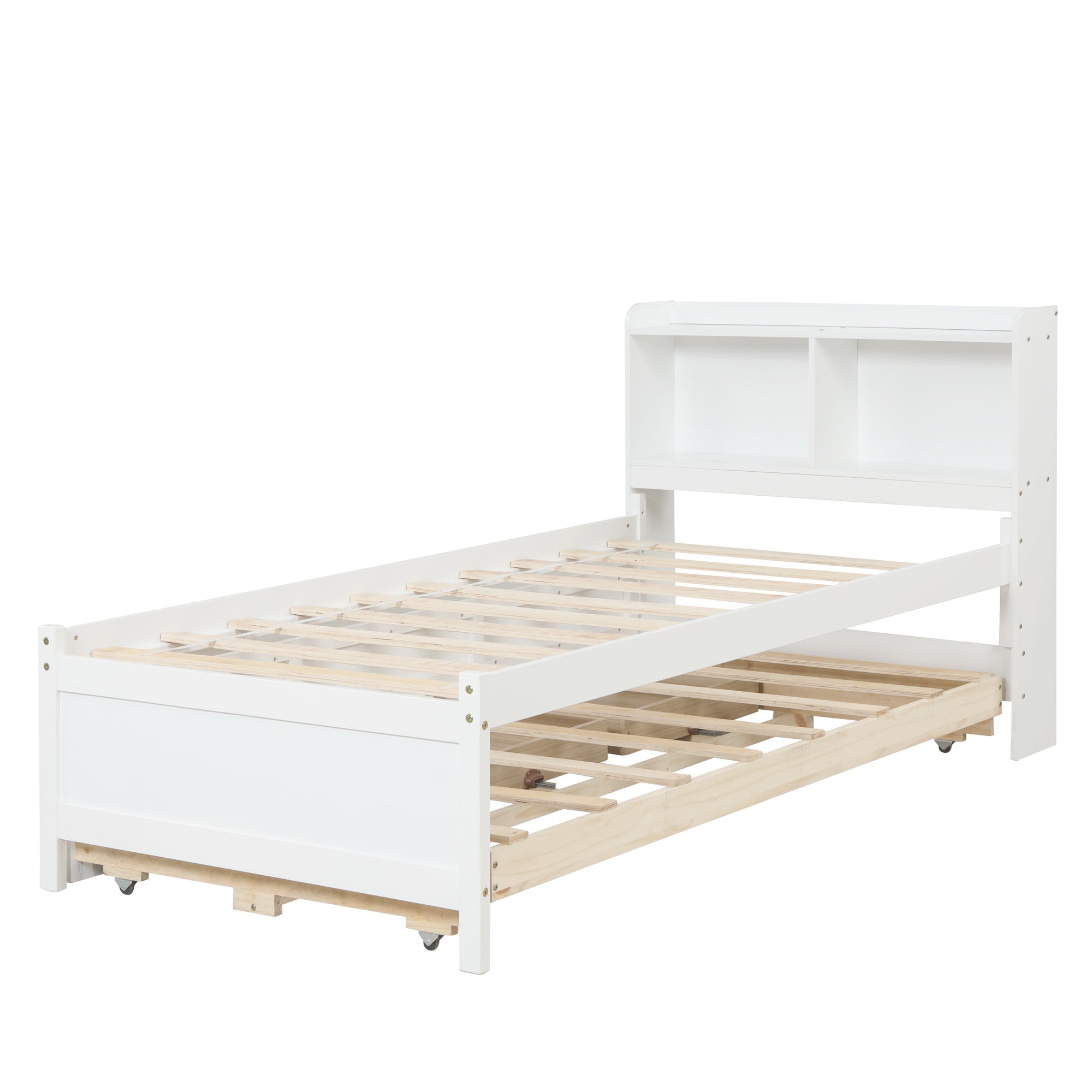 White Twin Bed with Bookcase, Trundle, and Drawers