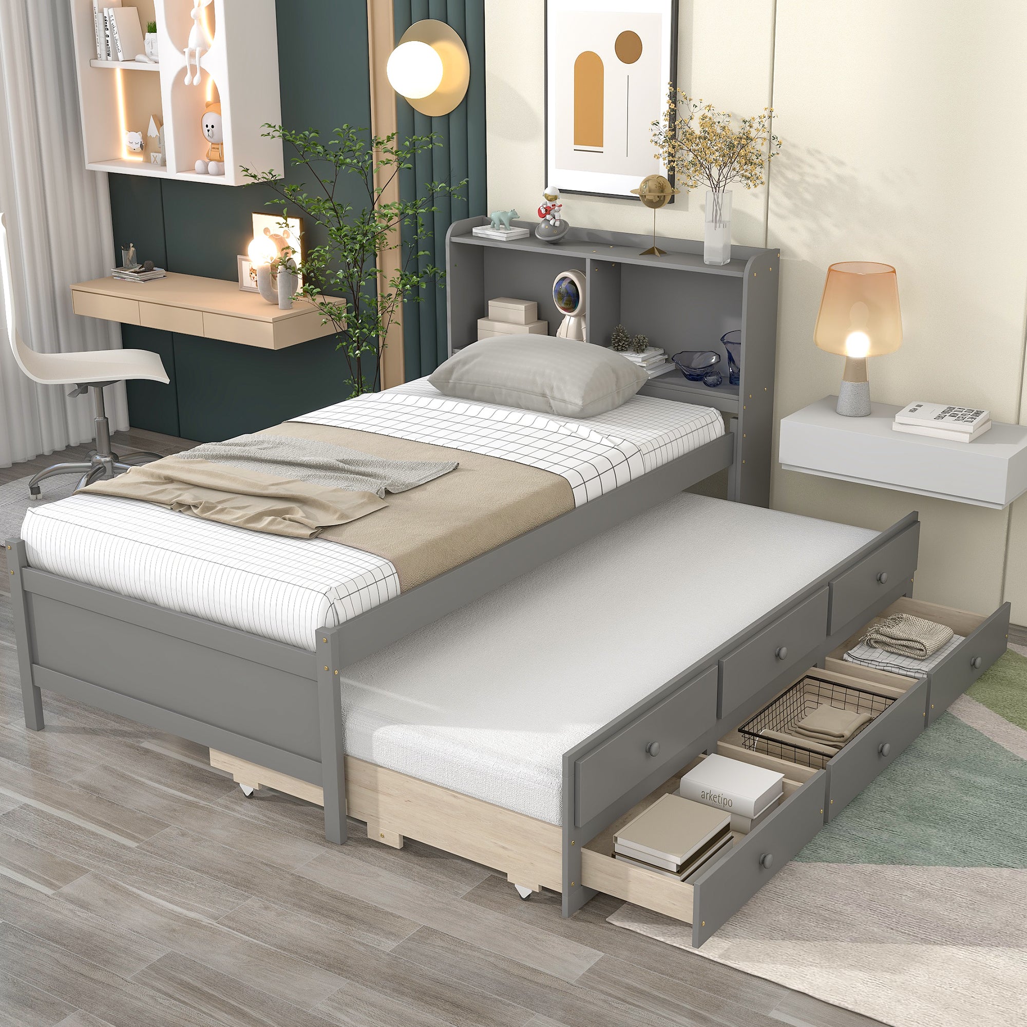 Twin Bed with Bookcase, Trundle, and Storage Drawers in Grey