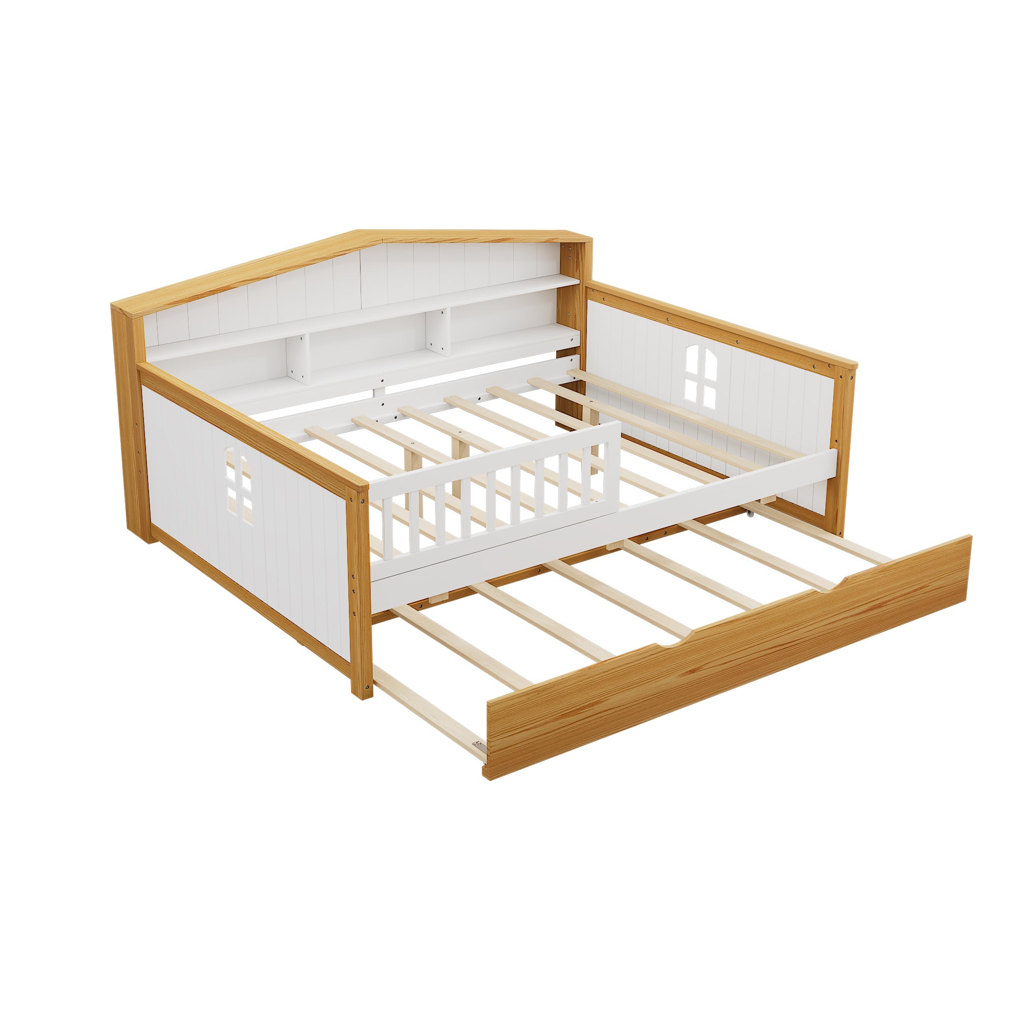 Full Size Safety Bed Frame with Trundle and Integrated Bookcase Headboard