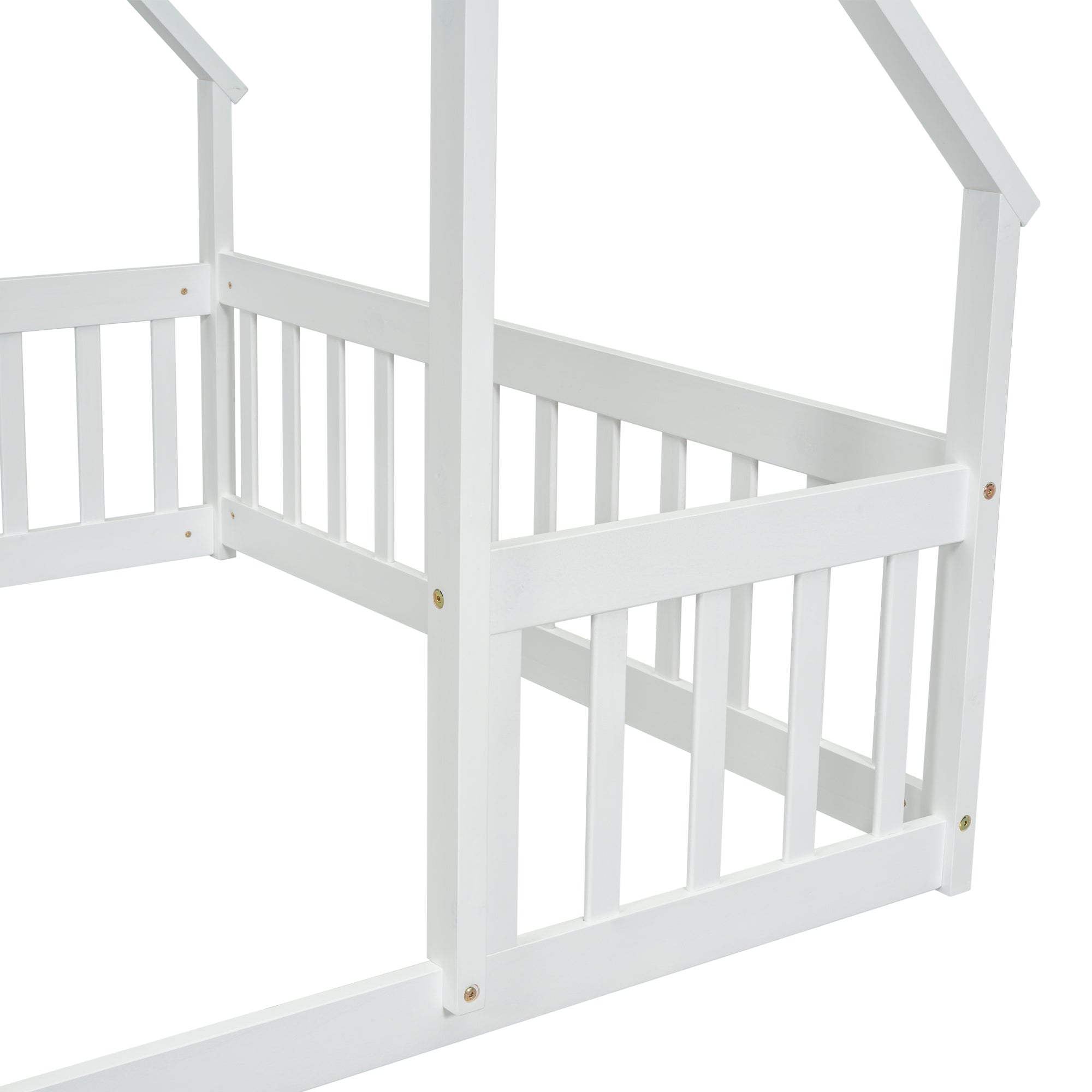 White Full Wood House-Shaped Toddler Floor Bed with Fence and Guardrails