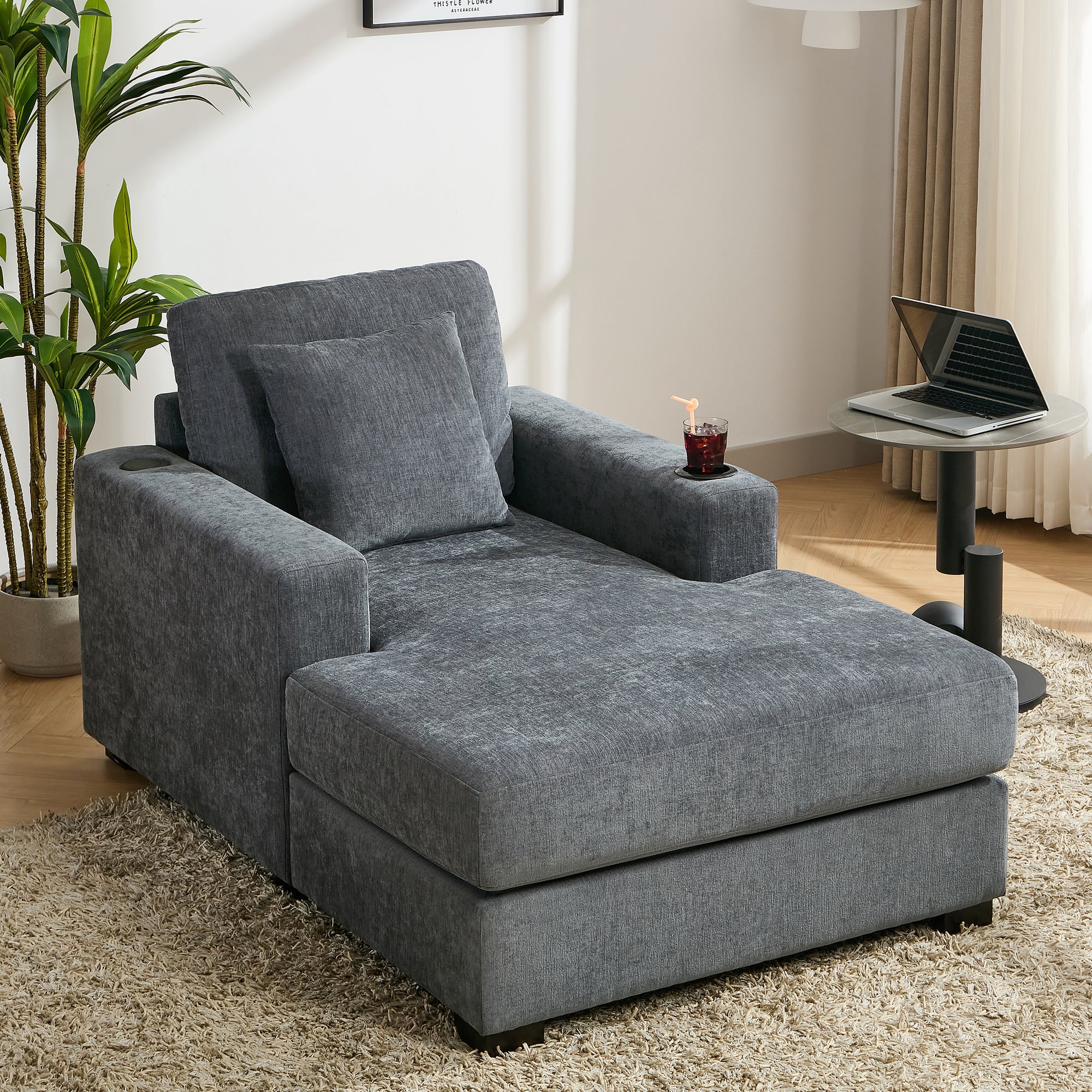 Blue-Gray Chenille Oversized Chaise Lounger with Built-in Charge Station & Cup Holders