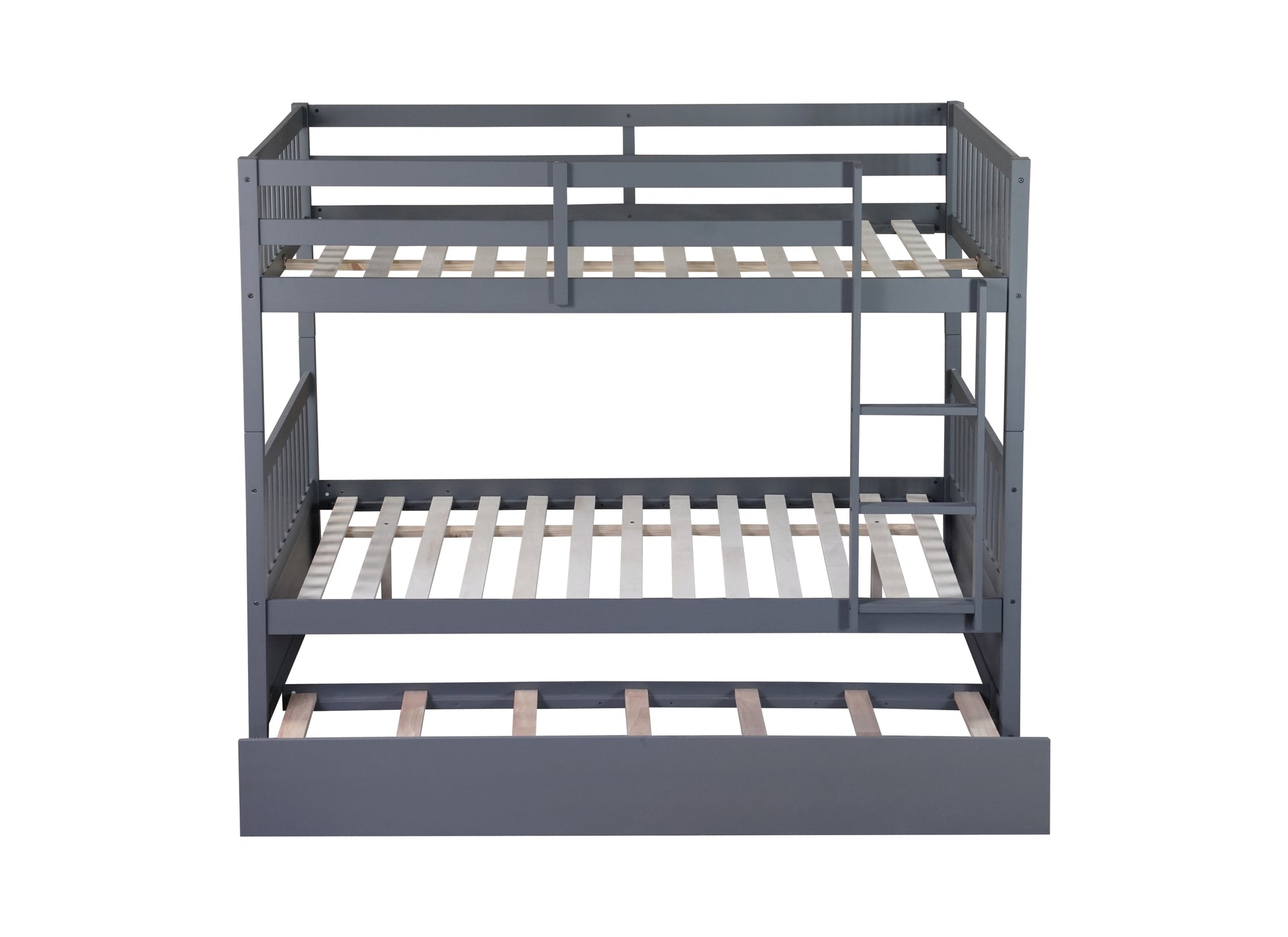 Dark Gray Full Over Full Rubber Wood Bunk Bed with Trundle, Ladder, and Guardrails