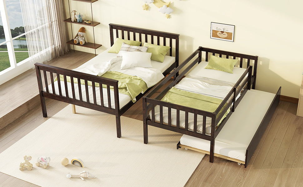 Espresso Twin Over Full Rubber Wood Bunk Bed with Trundle and Detachable Design