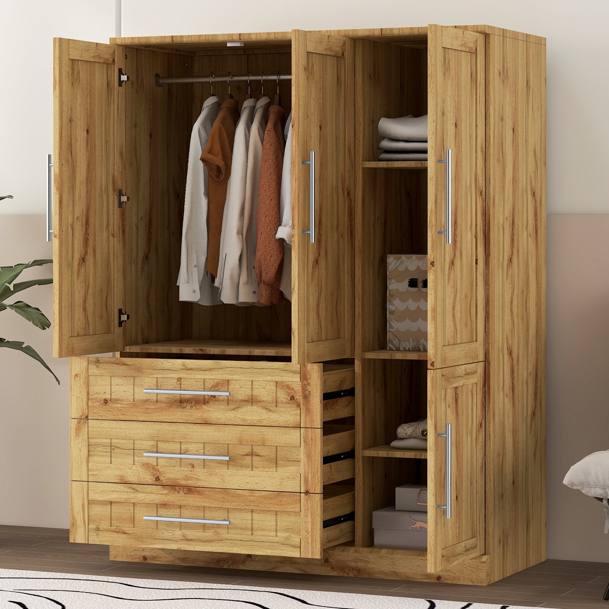 4 Door Wardrobe Armoire Closet with 3 Drawers Solid Wood Storage In Natural