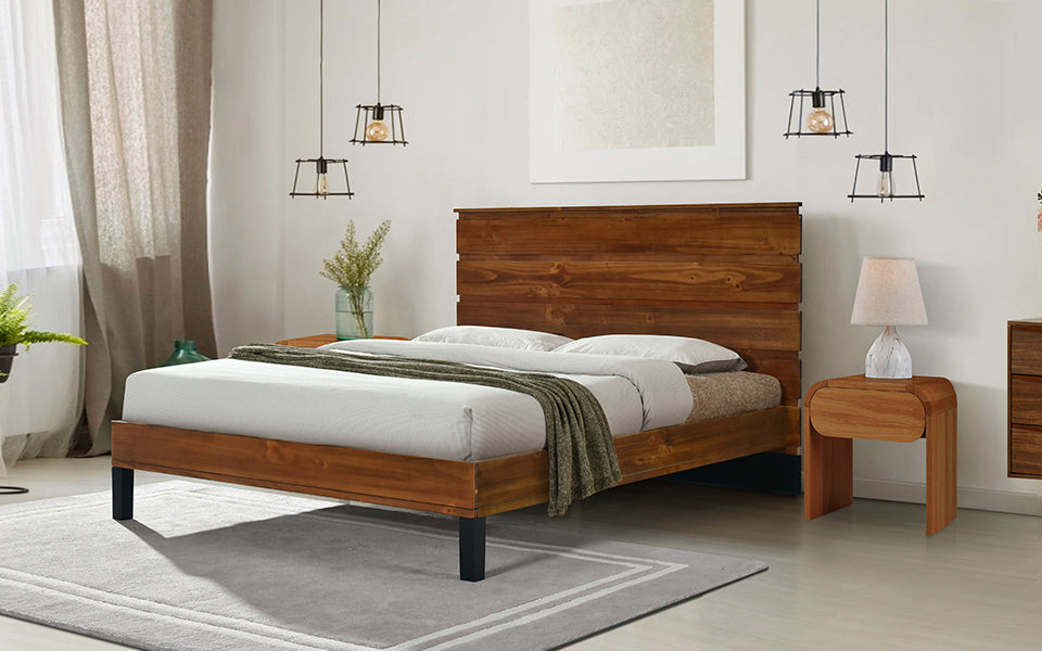 Mid-Century Modern Queen Bed with Six-Piece Solid Pinewood Headboard in Brown