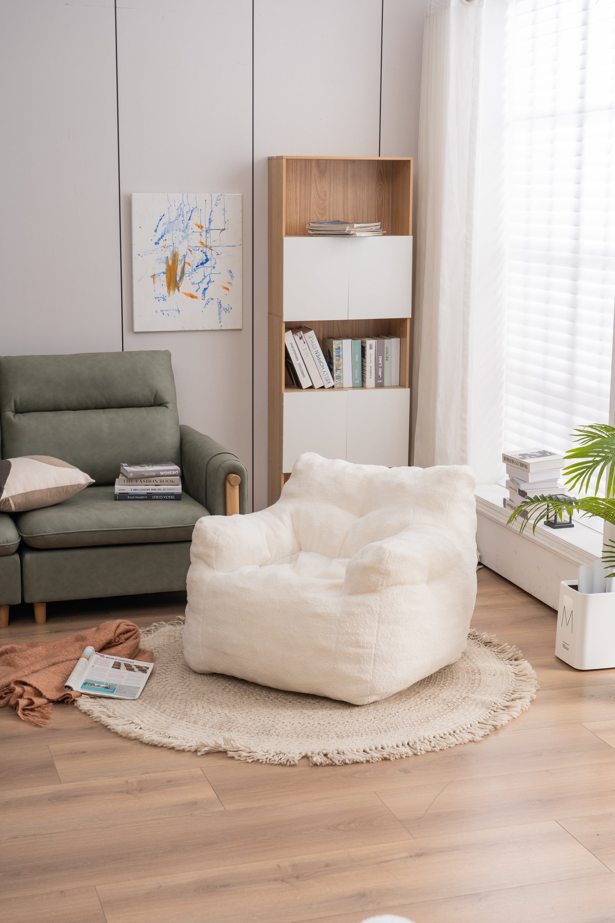 Soft Teddy Tufted Bean Bag Chair in Ivory White