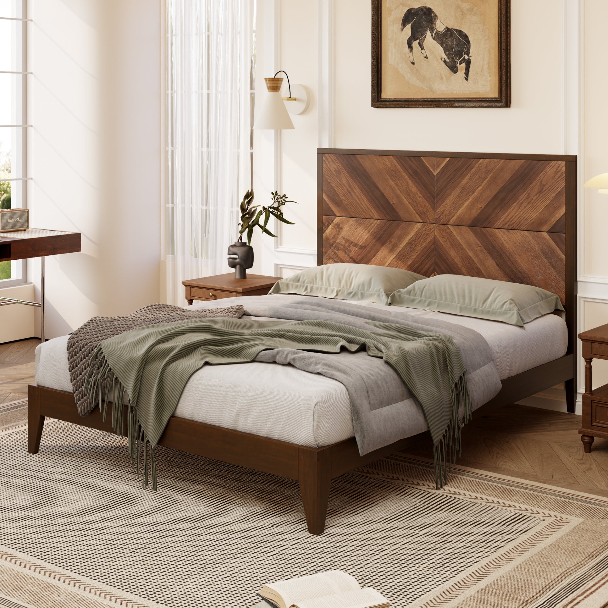 King Bed Frame in Walnut with Mid-Century Modern Design