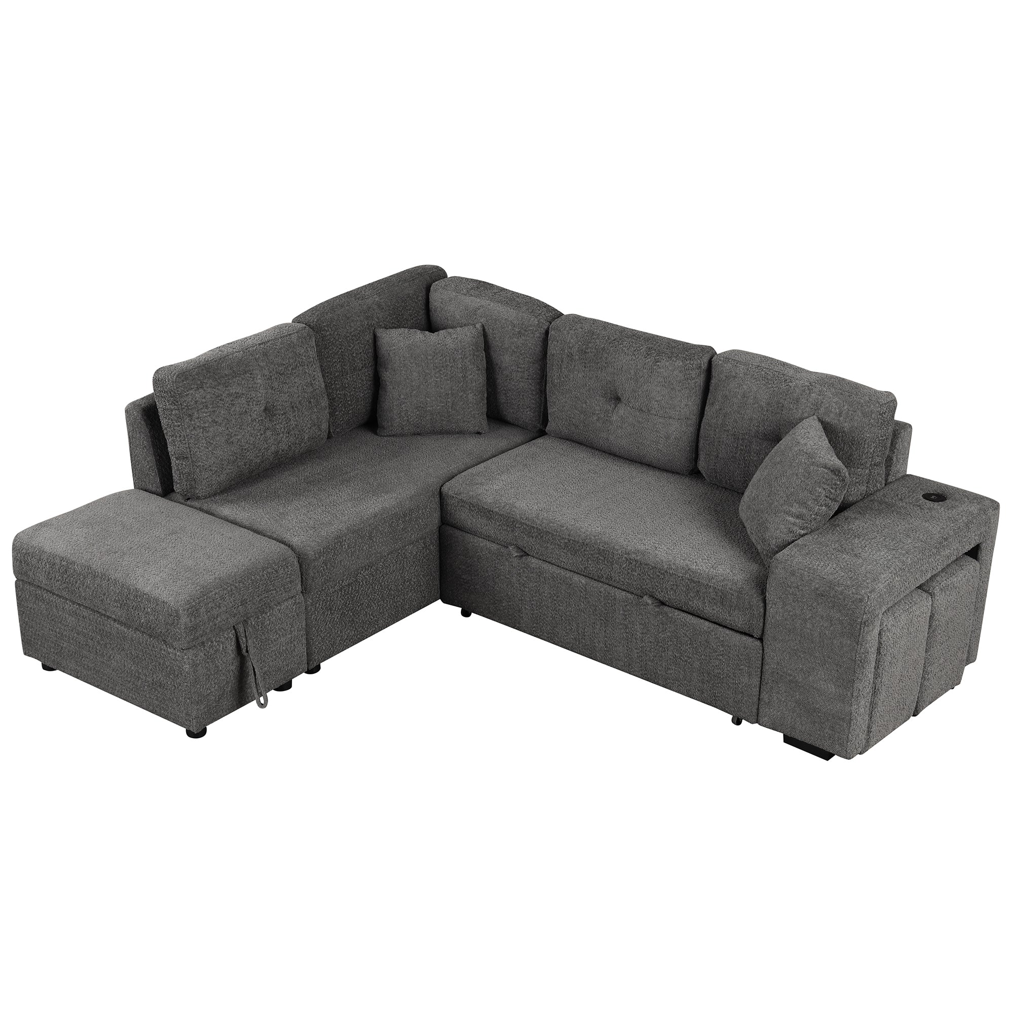 Dark Gray Chenille Pull-Out Sofa Bed with Storage Ottomans and Wireless Charger