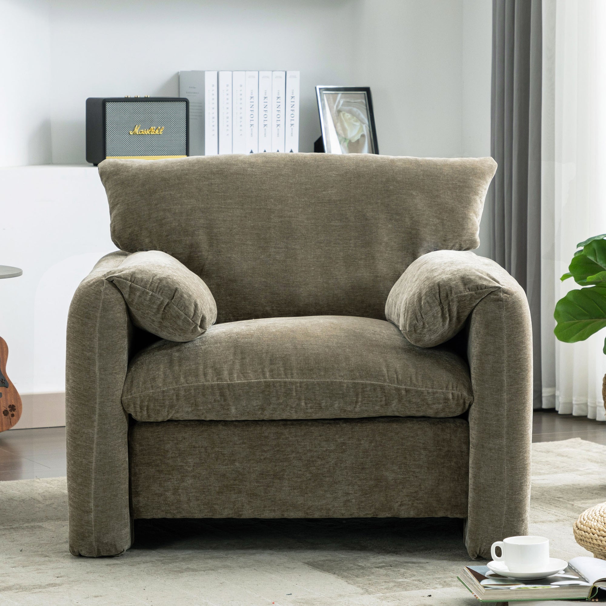 Modern Chenille Oversized Armchair In Matcha Green