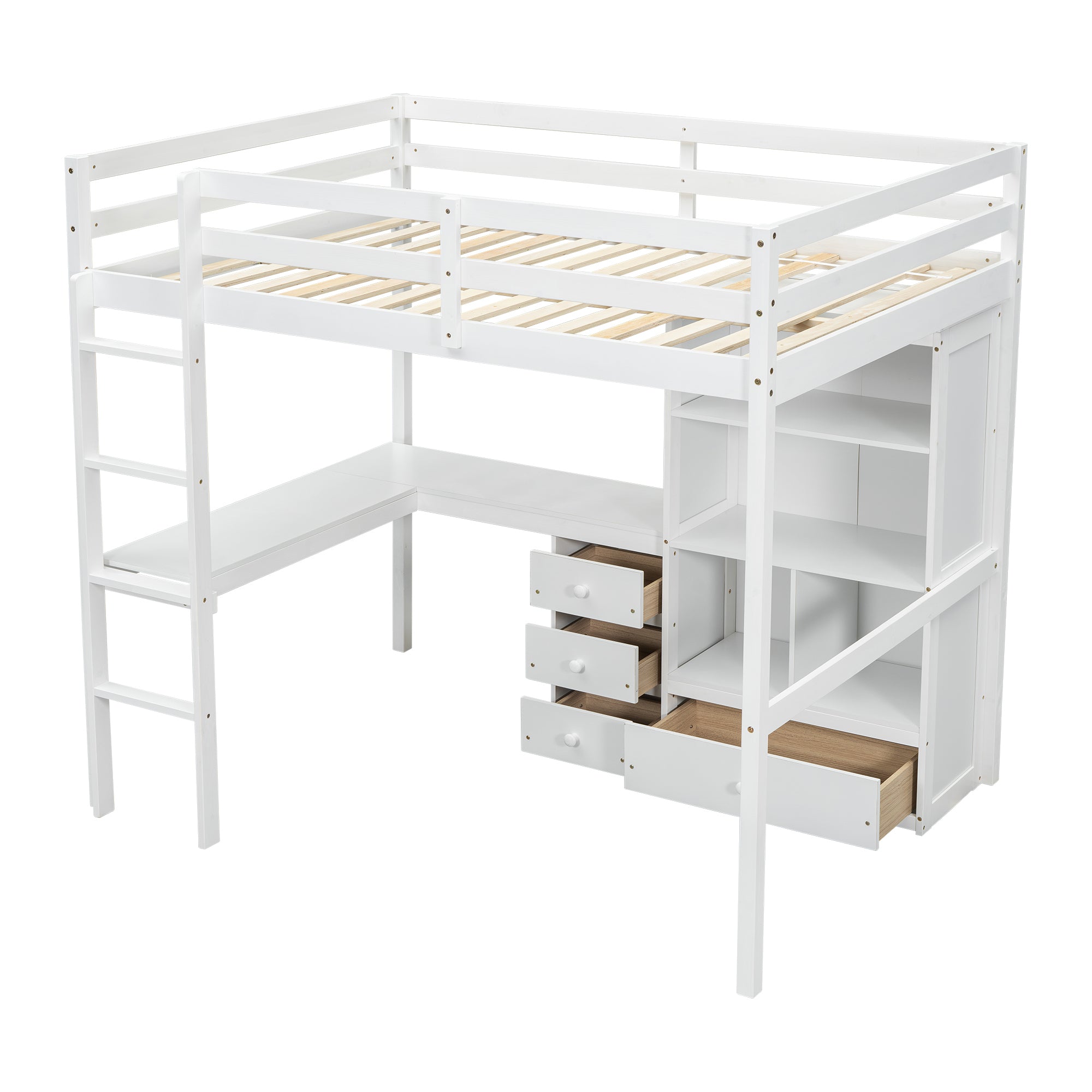 White Full Size Loft Bed with Desk, Storage Shelves, Drawers, and Built-in Ladder