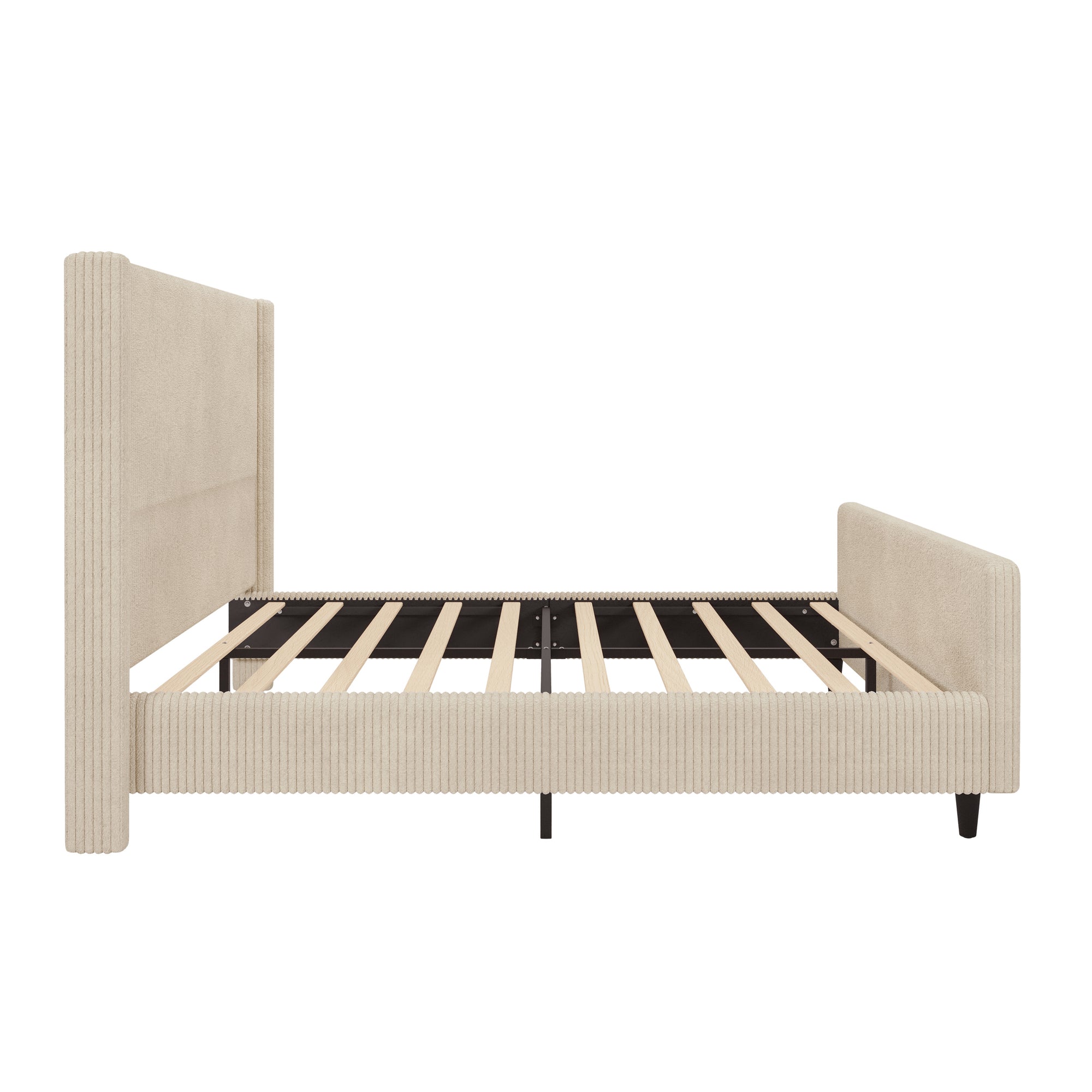 Modern Queen Size Cream Corduroy Upholstered Platform Bed Frame With High Headboard