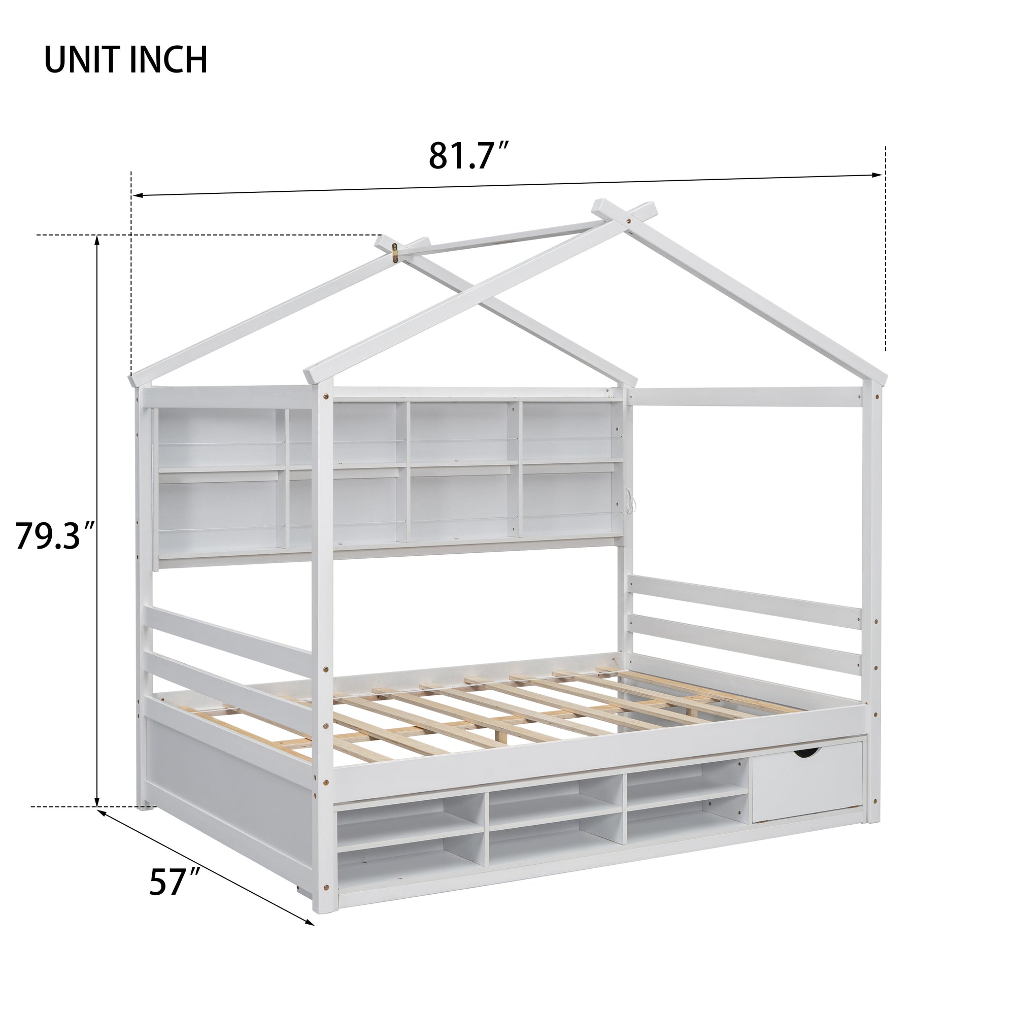 Full Sized Bed with Roof Frame, Bedside Shelves, and Under-Bed Storage Unit