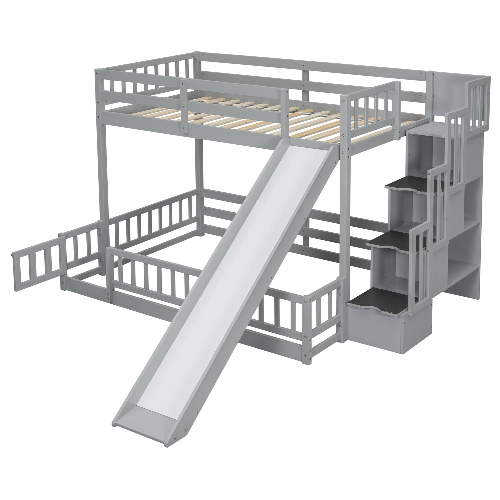 Twin Over Full Bunk Bed with Slide and Storage Staircase