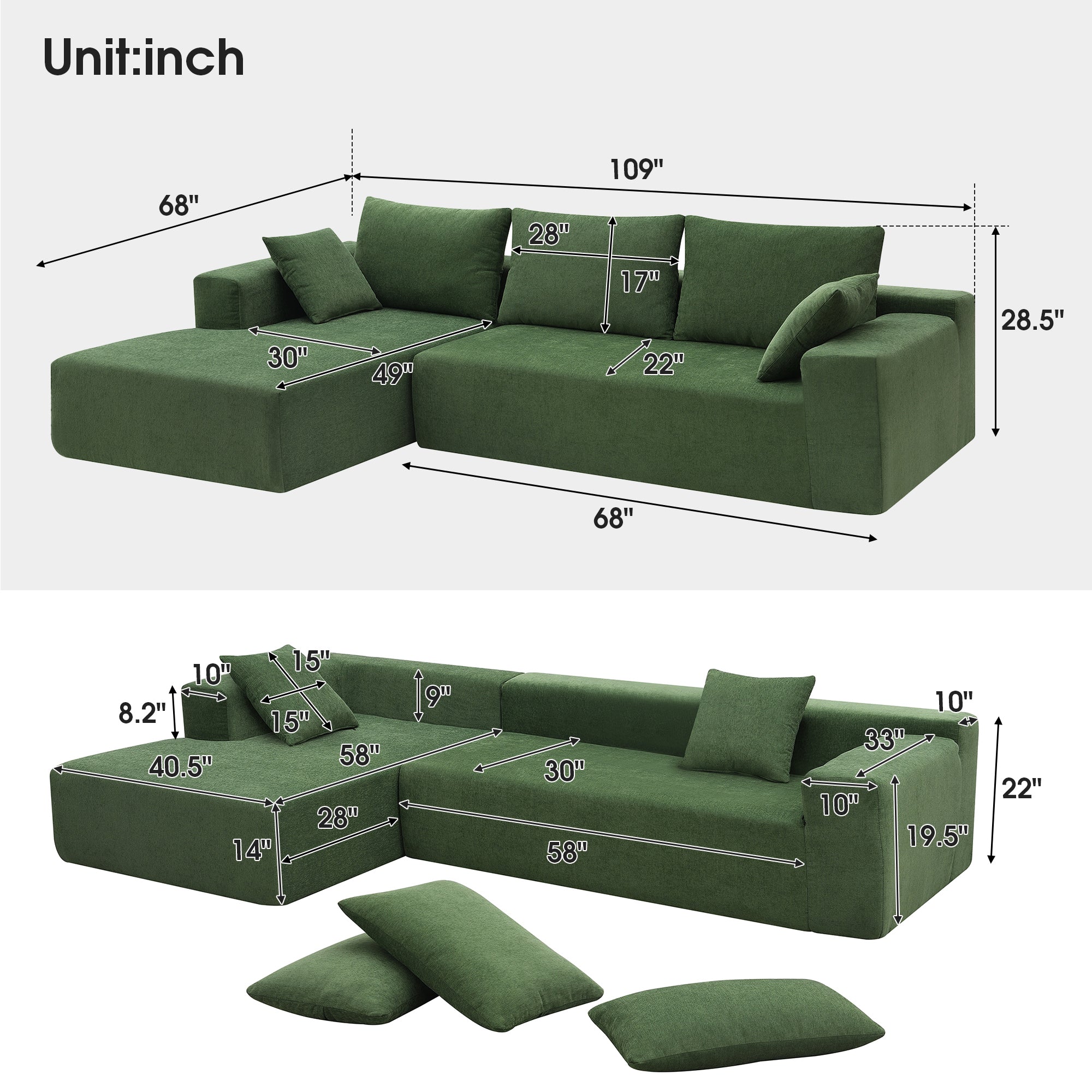 Addis 4-Seat Modular Convertible Sofa in Green