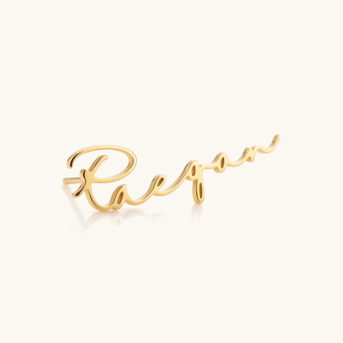 18k Dainty Custom Name Earrings – close-up of a single gold script name earring