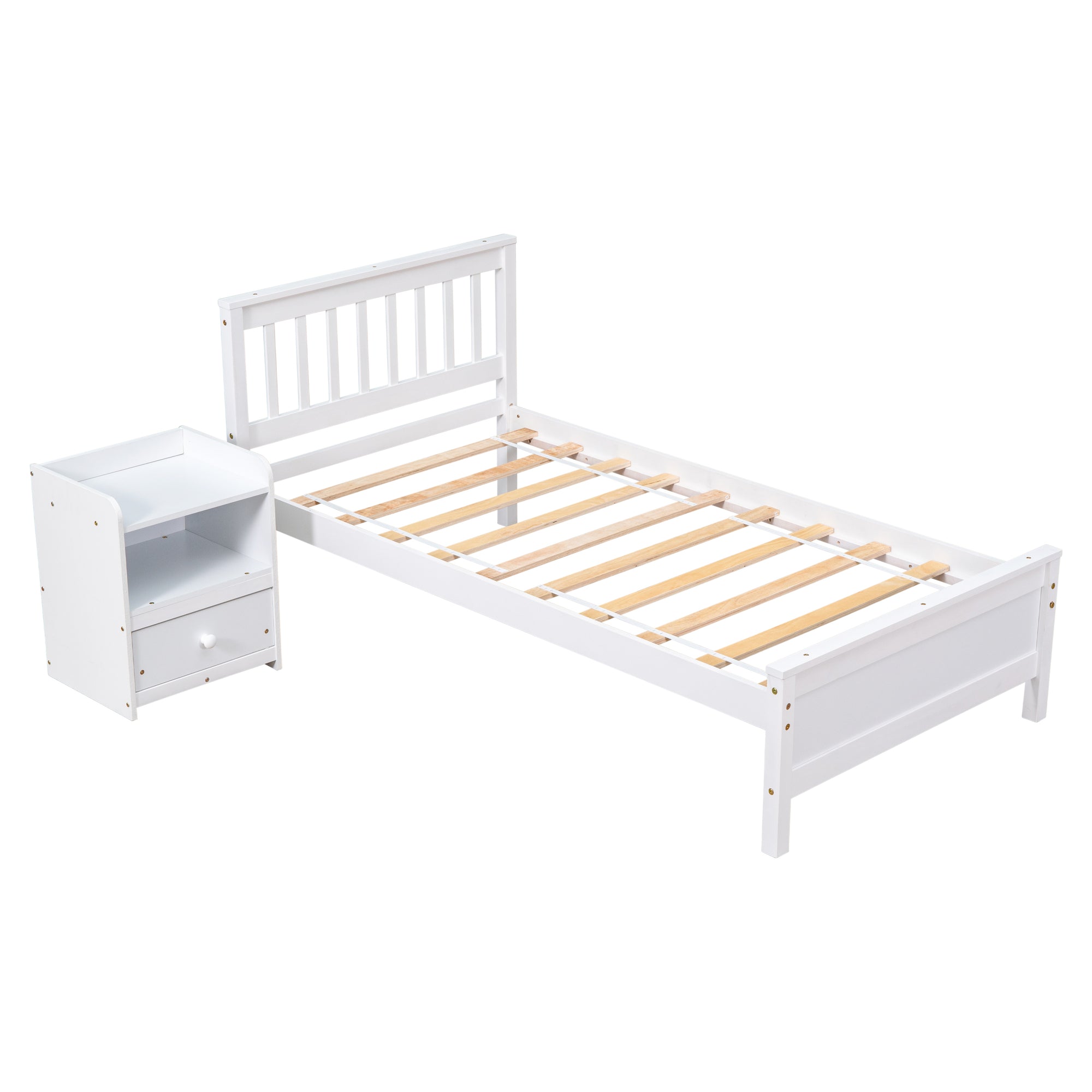 White Twin Bed with Headboard, Footboard, and Nightstand