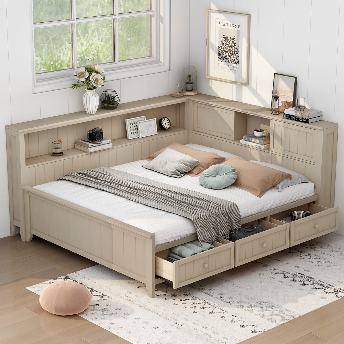 Full Size Wood Daybed with 3 Drawers and Storage Shelves In Antique White Milk