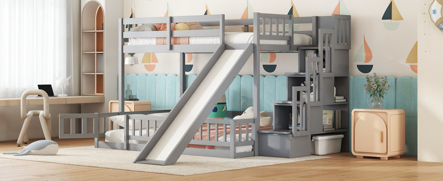 Twin Over Full Bunk Bed with Slide and Storage Staircase