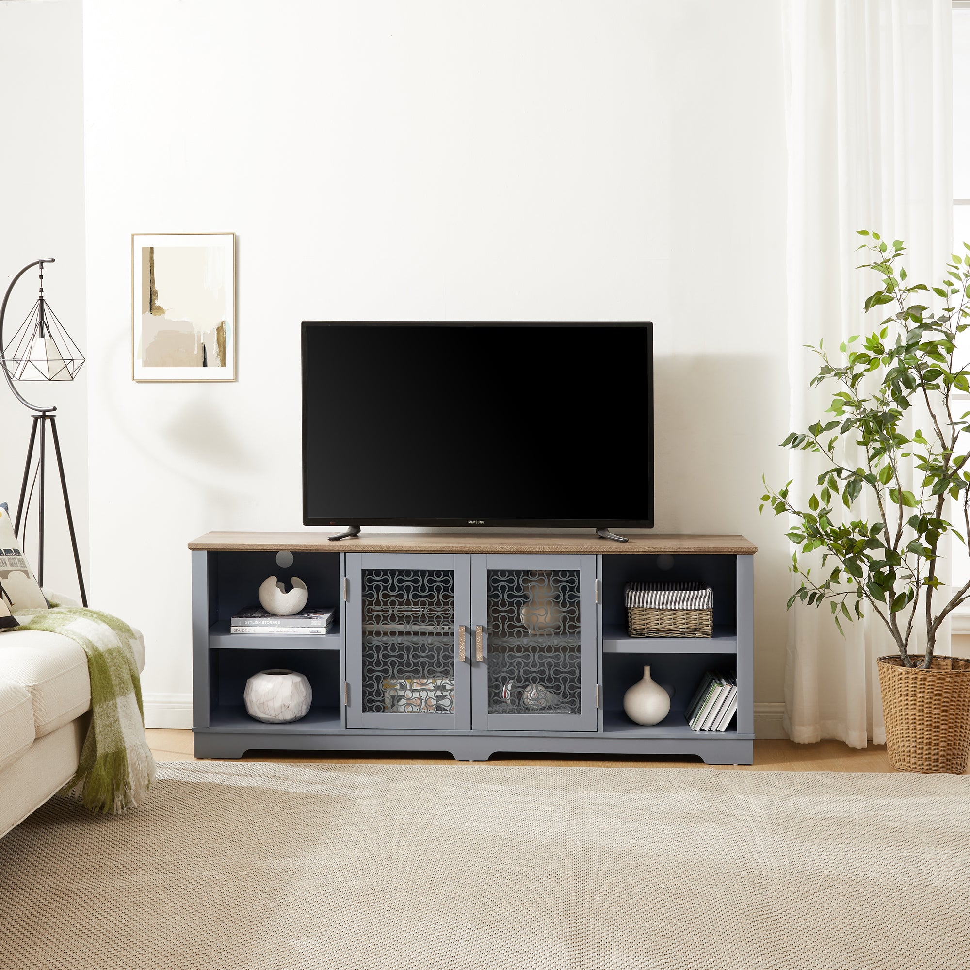 Modern Farmhouse TV Media Stand for TVs Up to 80 Inches with Open Shelves and Glass Door Cabinets In Light Blue and Light Oak