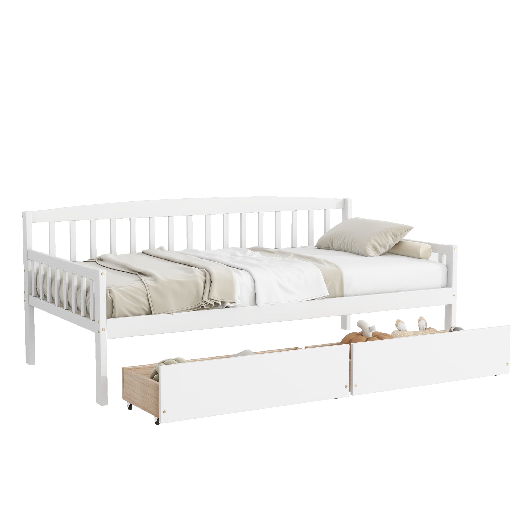 Twin-Size Pine Wood Daybed with Two Storage Drawers In White