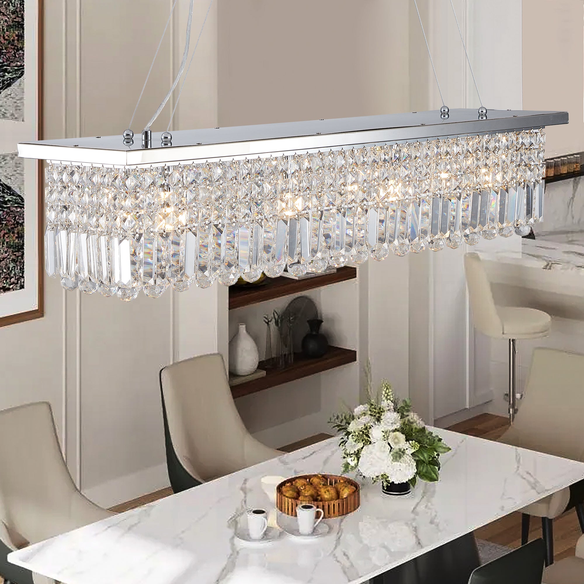 8-Light Raindrop Design Rectangle Chandelier for Dining Room and Kitchen