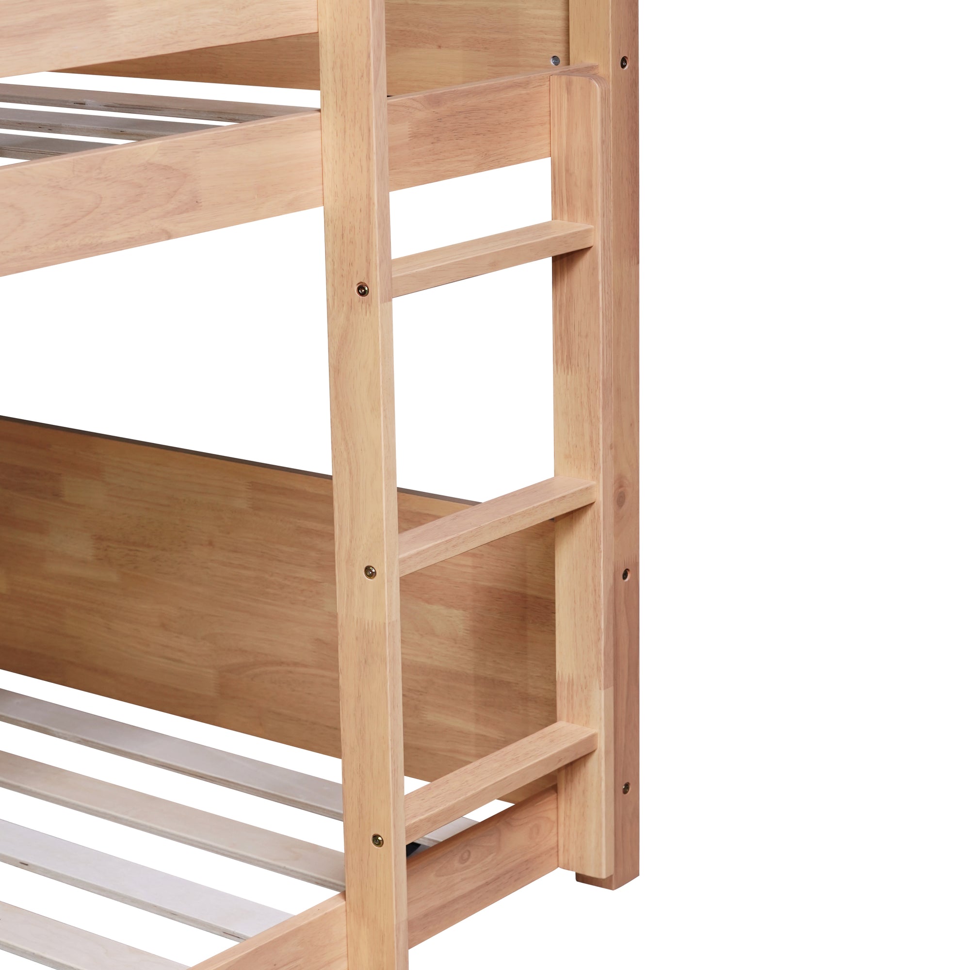 White Oak Twin Over Twin House Floor Bunk Bed with Headboards, Footboards, Guardrails, and Ladder