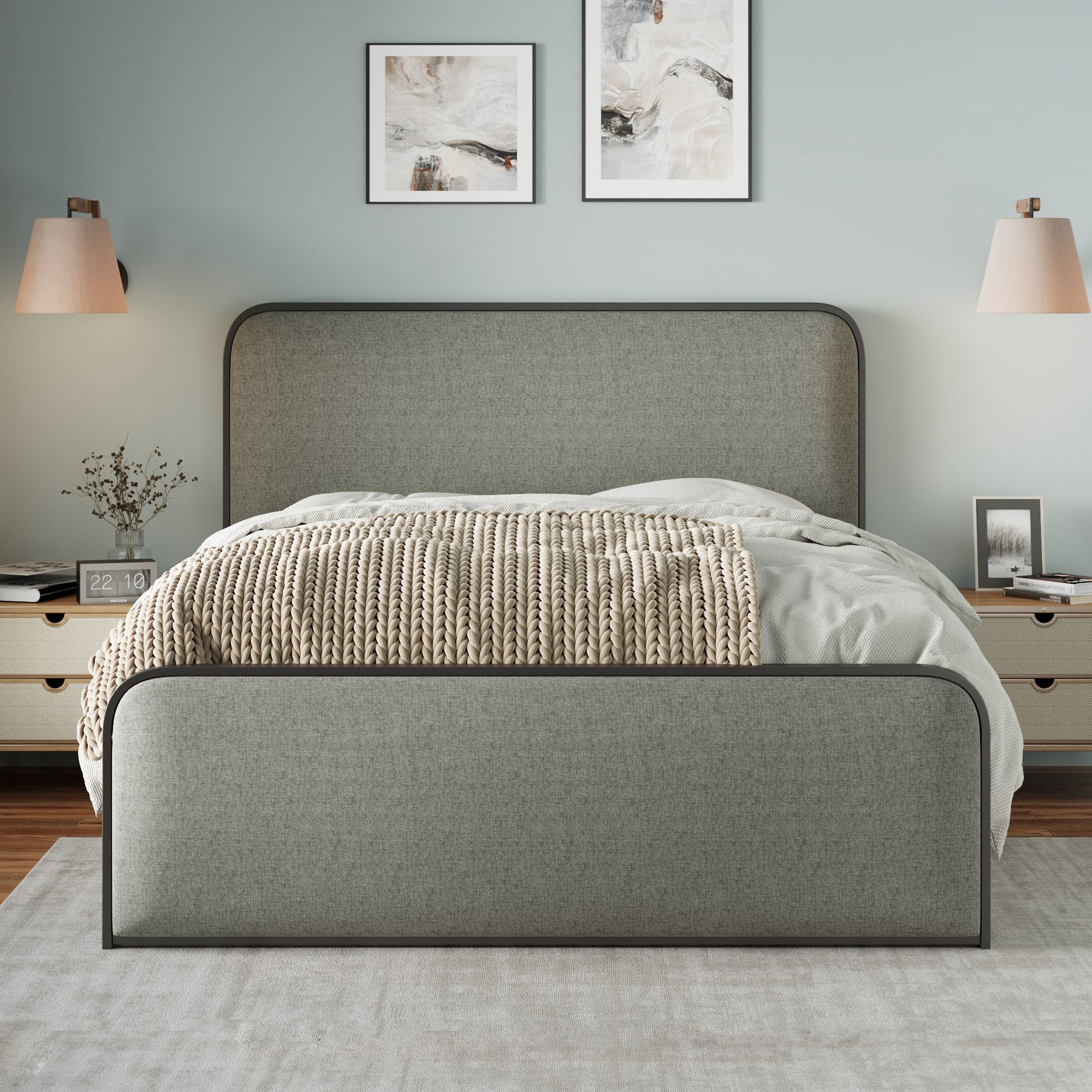 Gray Queen Metal Bed Frame with Upholstered Headboard