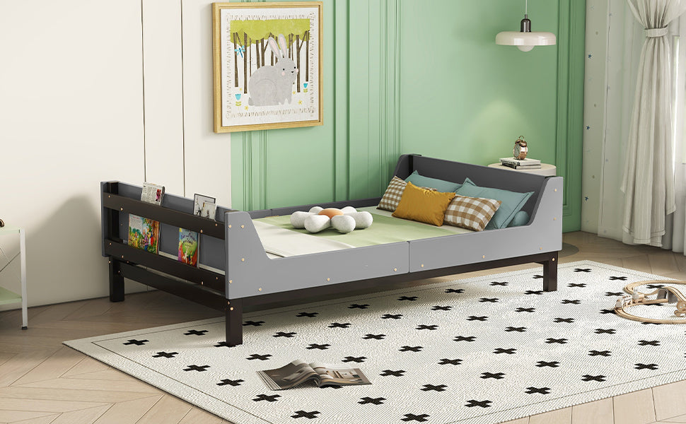 Gray Twin Bed with Headboard, Footboard, Safeguards, and Built-in Book Storage Rack