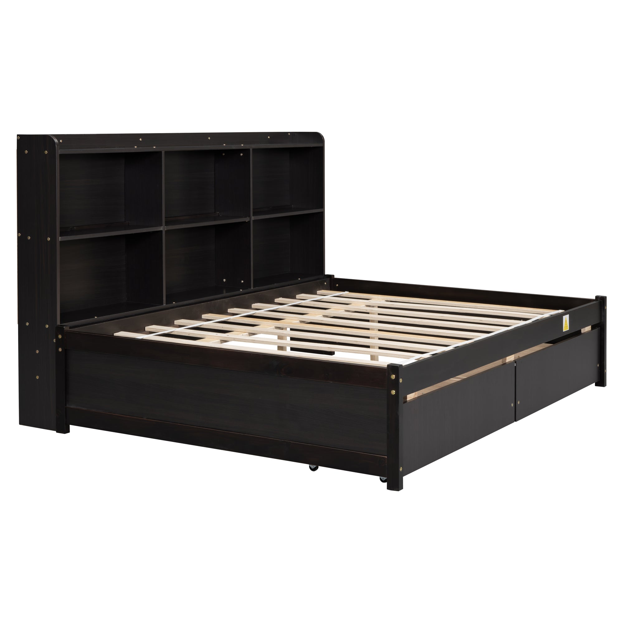 Full Bed with Side Bookcase and Storage Drawers in Espresso Tones