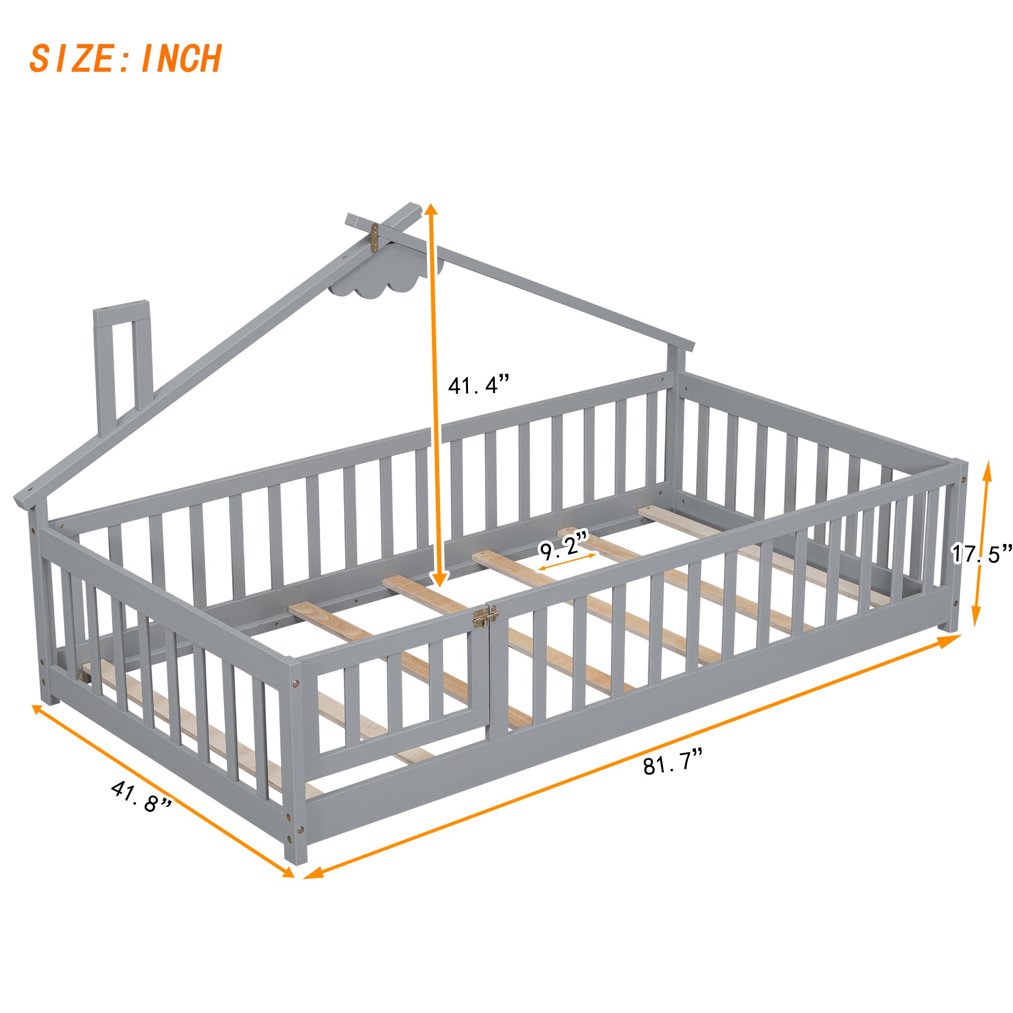 Twin House-Shaped Bedside Toddler Floor Bed with Guardrails and Door in Gray